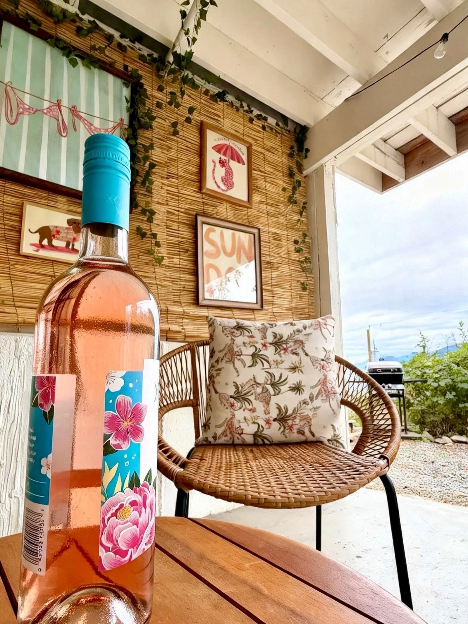 A bottle of wine on the patio