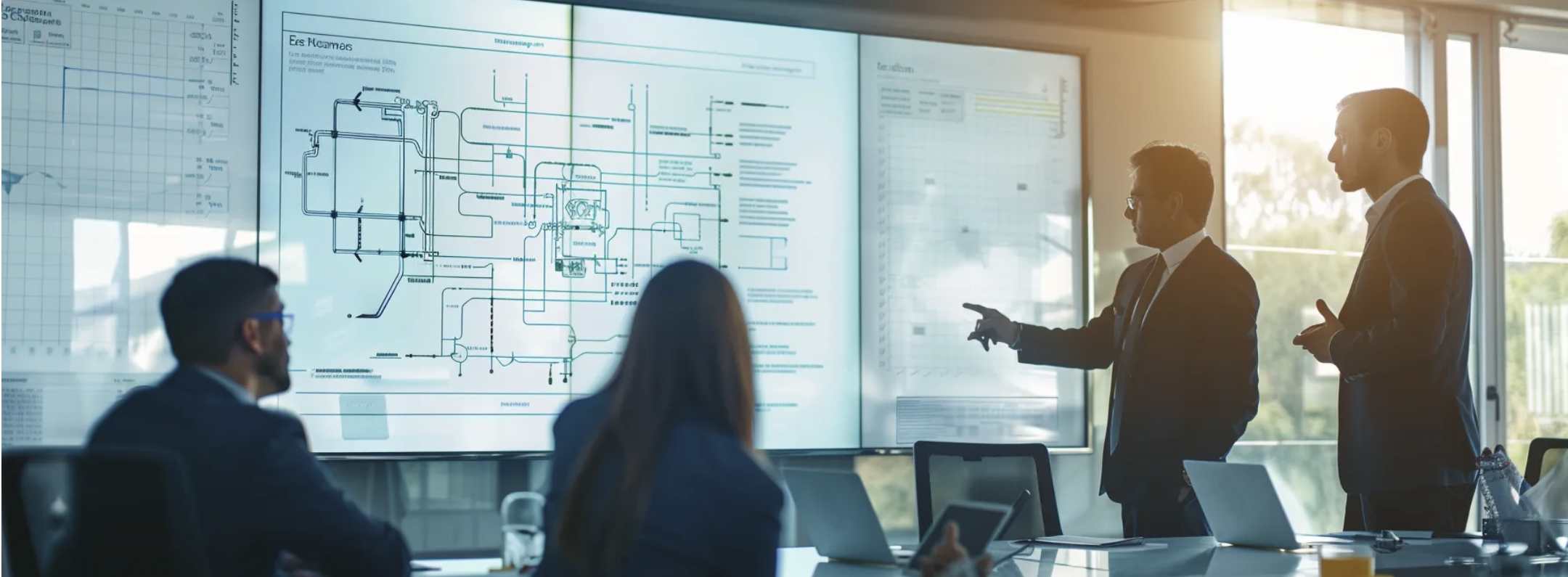 four people having a meeting about plumbing