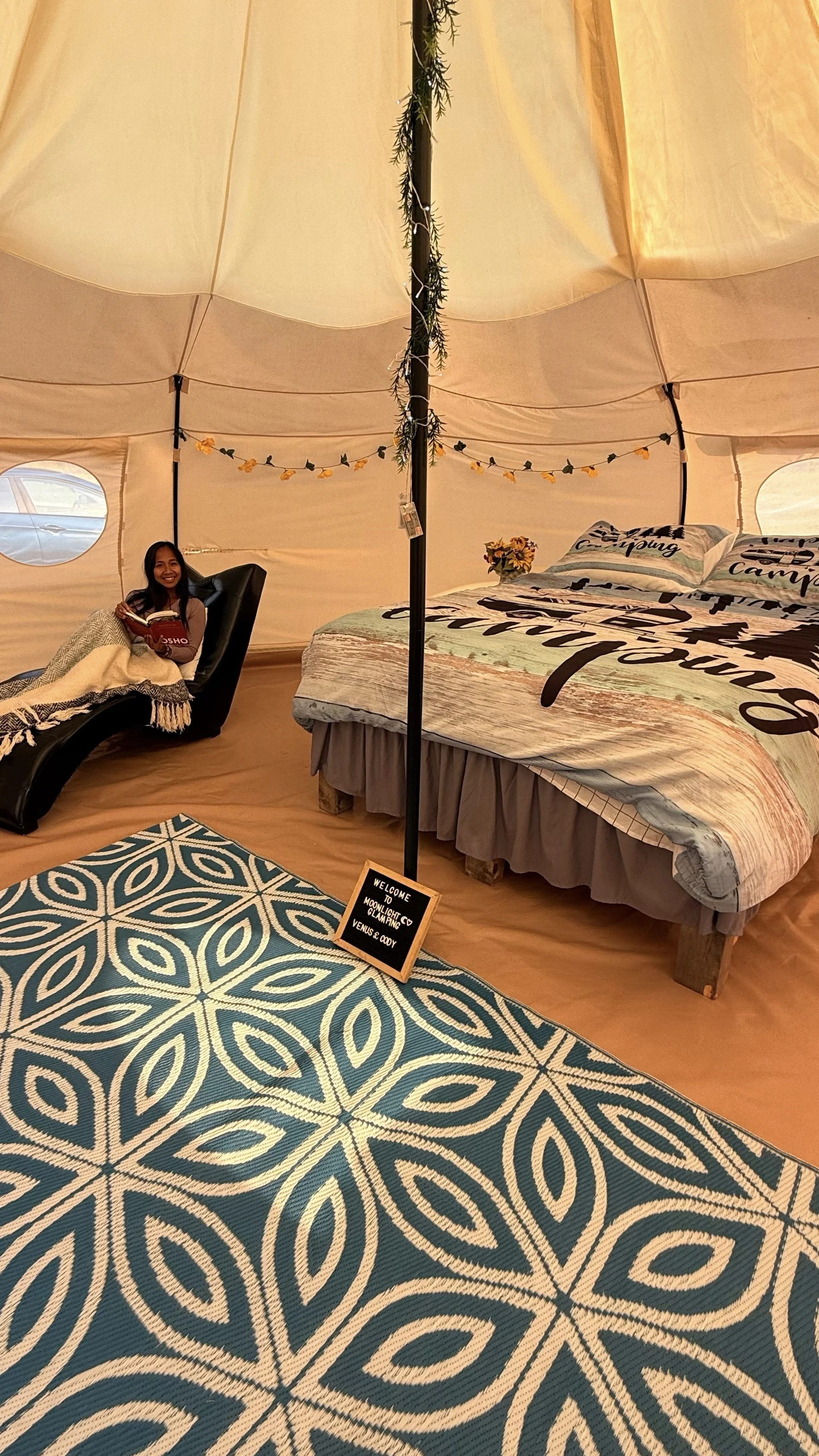 inside the bell tent at Moonlight Glamping