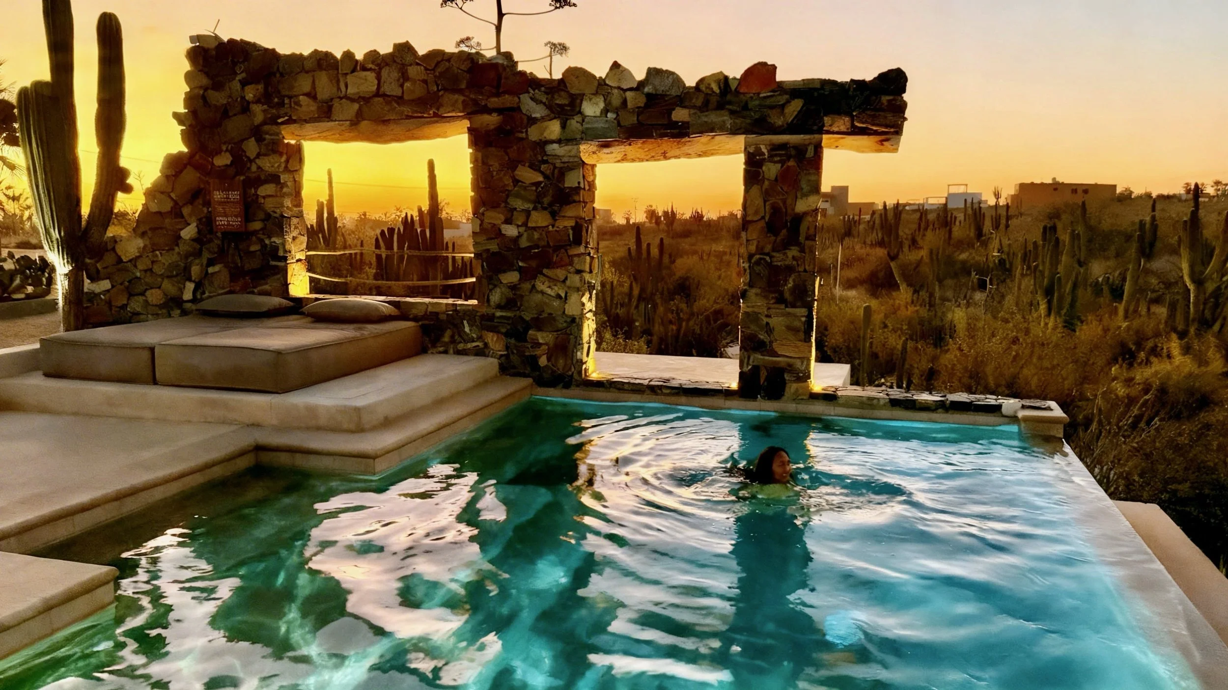 The pool at Desierto Azul during sunset