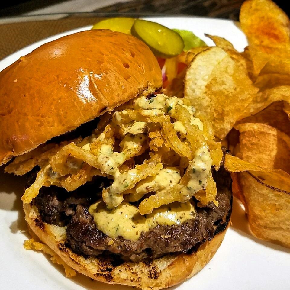 An old favorite, crispy fried onions and Creole remoulade on this week's #wildgame burger. Now you have delicious plans for #burgerFriday!