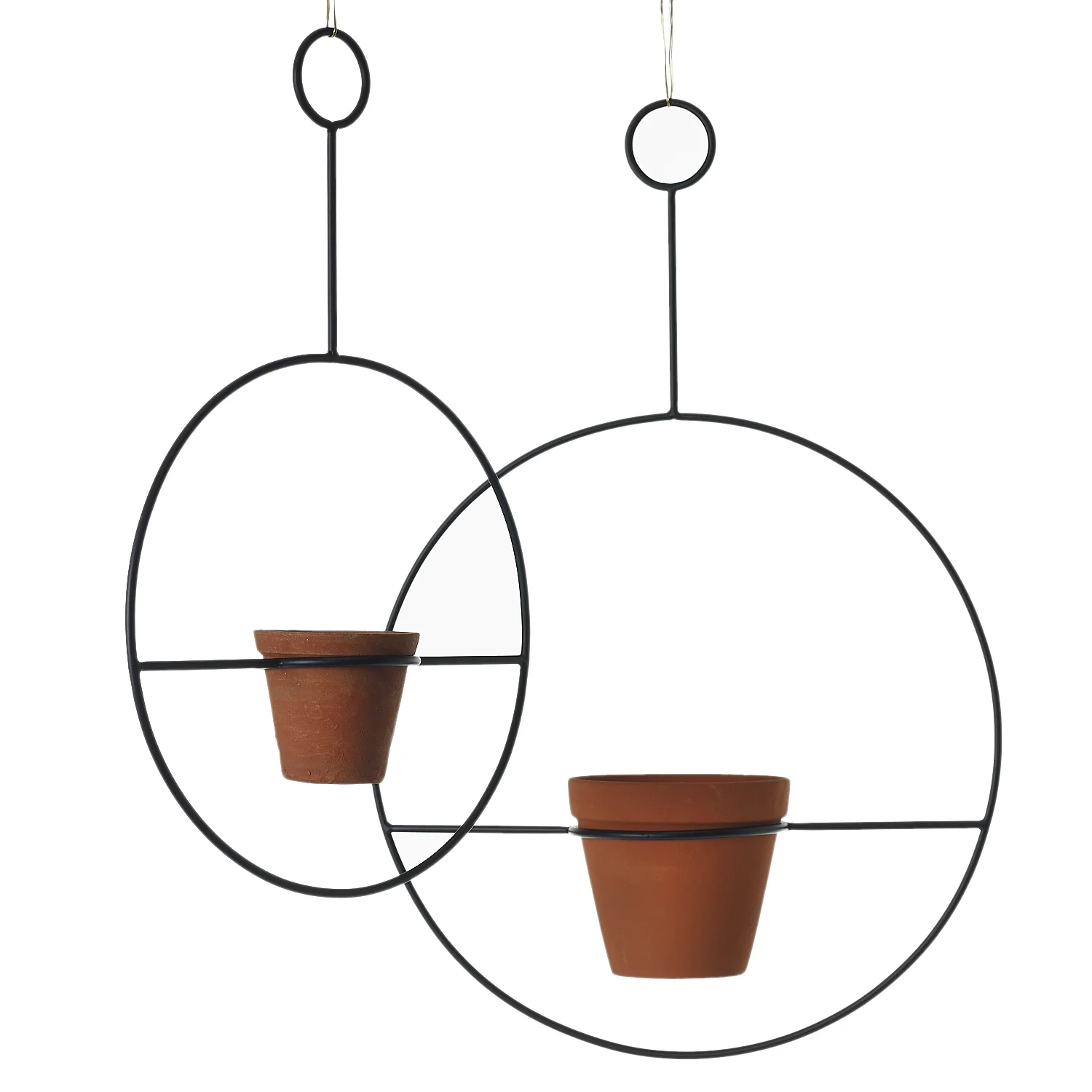 large round metal hanging planter with terracotta vase — Design Roots