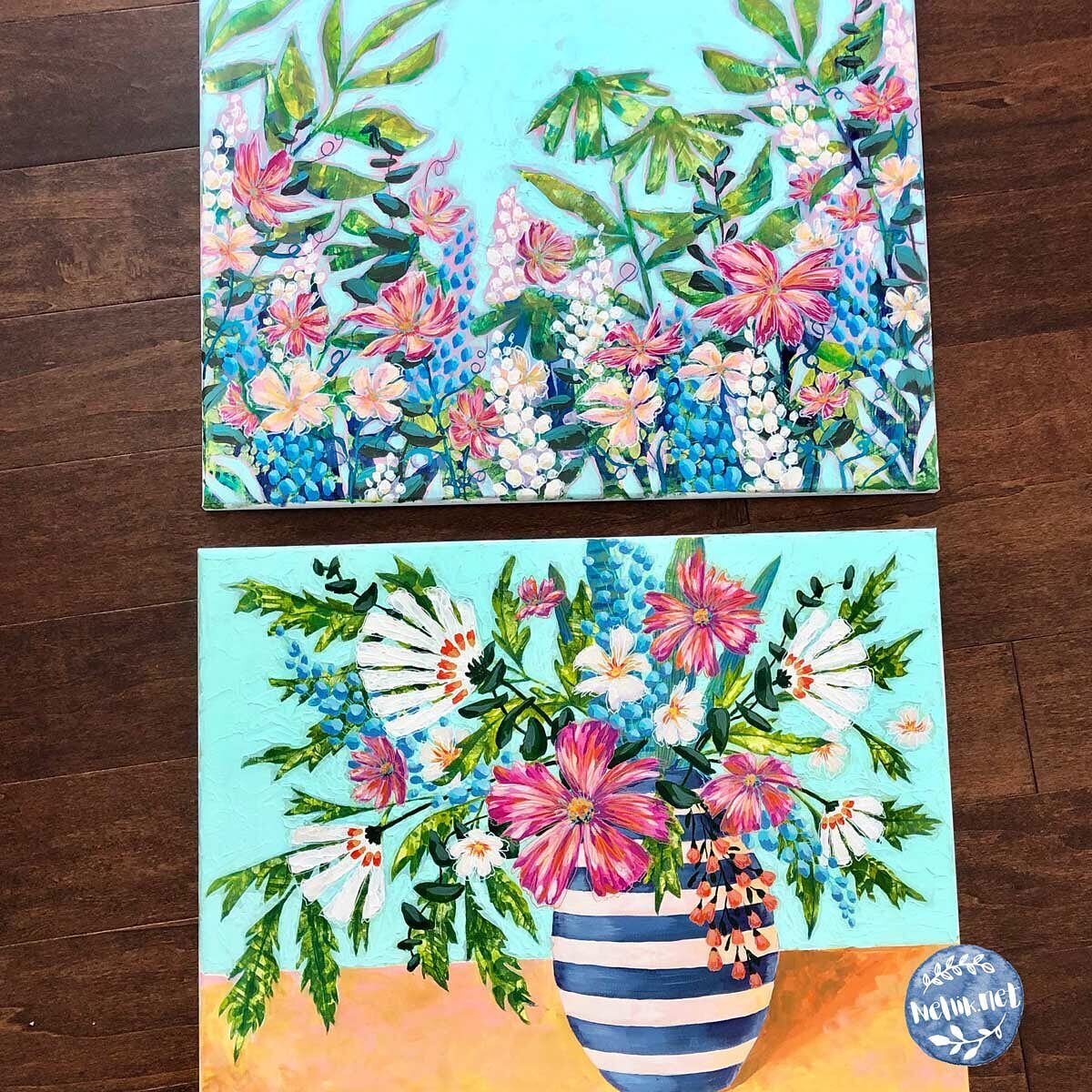Hey people! 
I forgot to show you the results of wonderful painting class I took with @lynsaygreenart this summer. I&rsquo;m so happy with results! 
Lindsay teaches how to paint these two beautiful canvases in details helping you to learn her little 