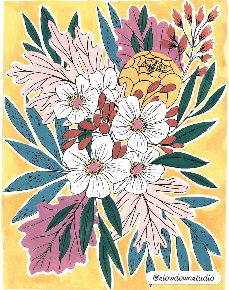This is my art submission for @slowdownstudio 
I was very inspired by nature and different forms of flowers when I was creating this collection. I worked in gauche and ink. 

#slowdownprint2026
#guachepainting 
#floralpaintings 
#floralart 
#artforli