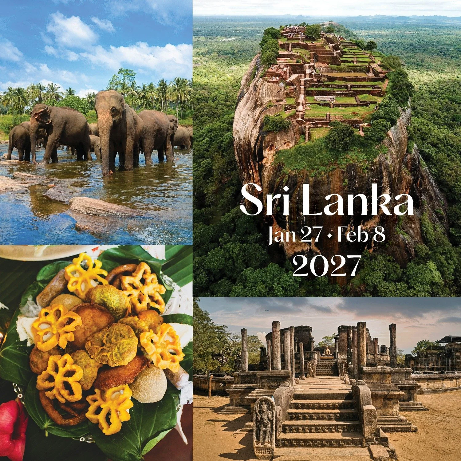 ☀ Sri Lanka 2027

💛 Days 2&ndash;4 are a pretty good example of why I love this itinerary.
Habarana and Sigiriya

We'll spend time in a village cooking and sharing a meal, watch elephants while we have lunch, climb Sigiriya at the best time of day, 