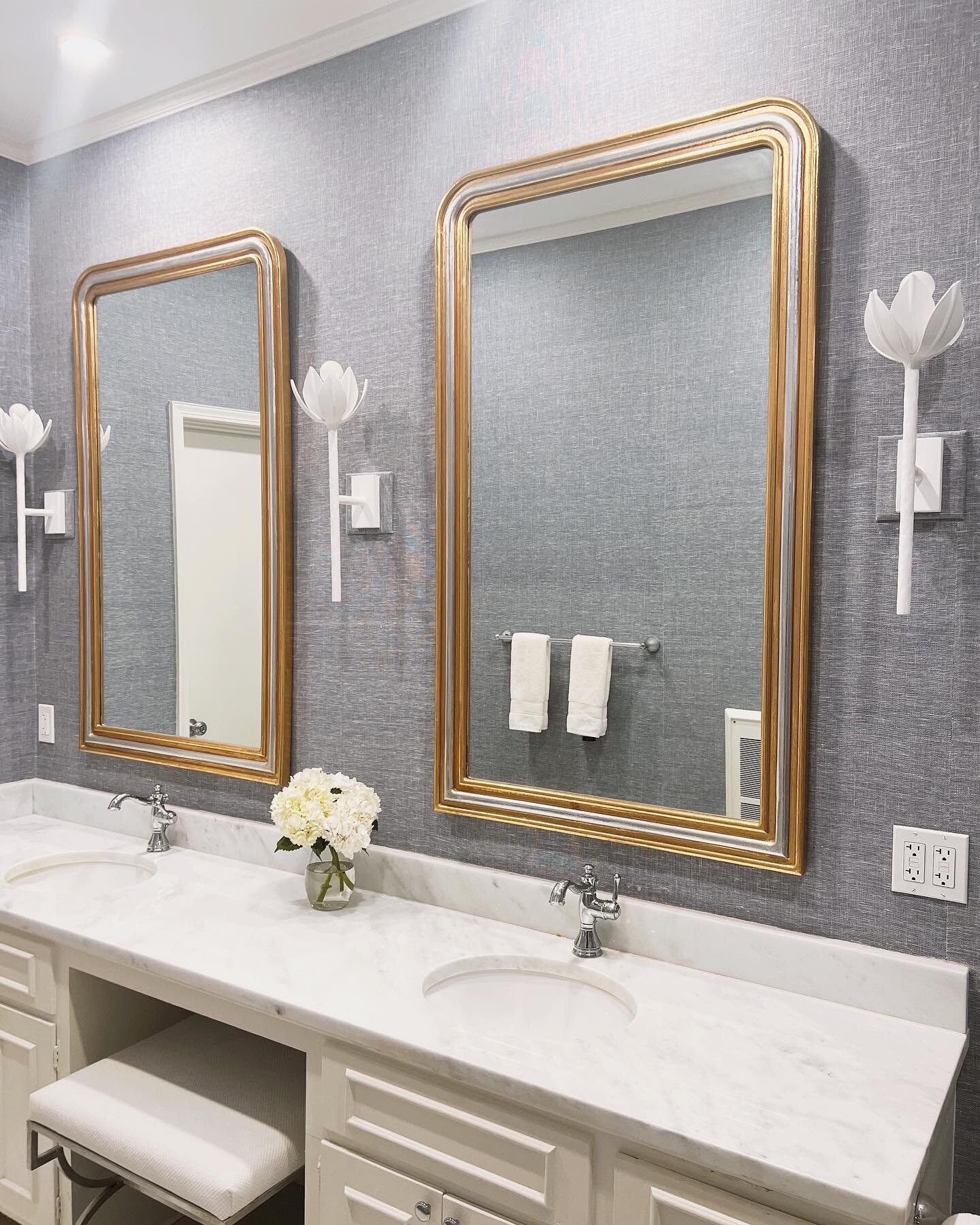 Photoshoot day for some of our favorite spaces in the Delta!  Always fun to see how far these rooms have come.  This master bath made for quite a transformation! #beforeandafter #bathroomdesign #renovation #wallpaper #lightinglove