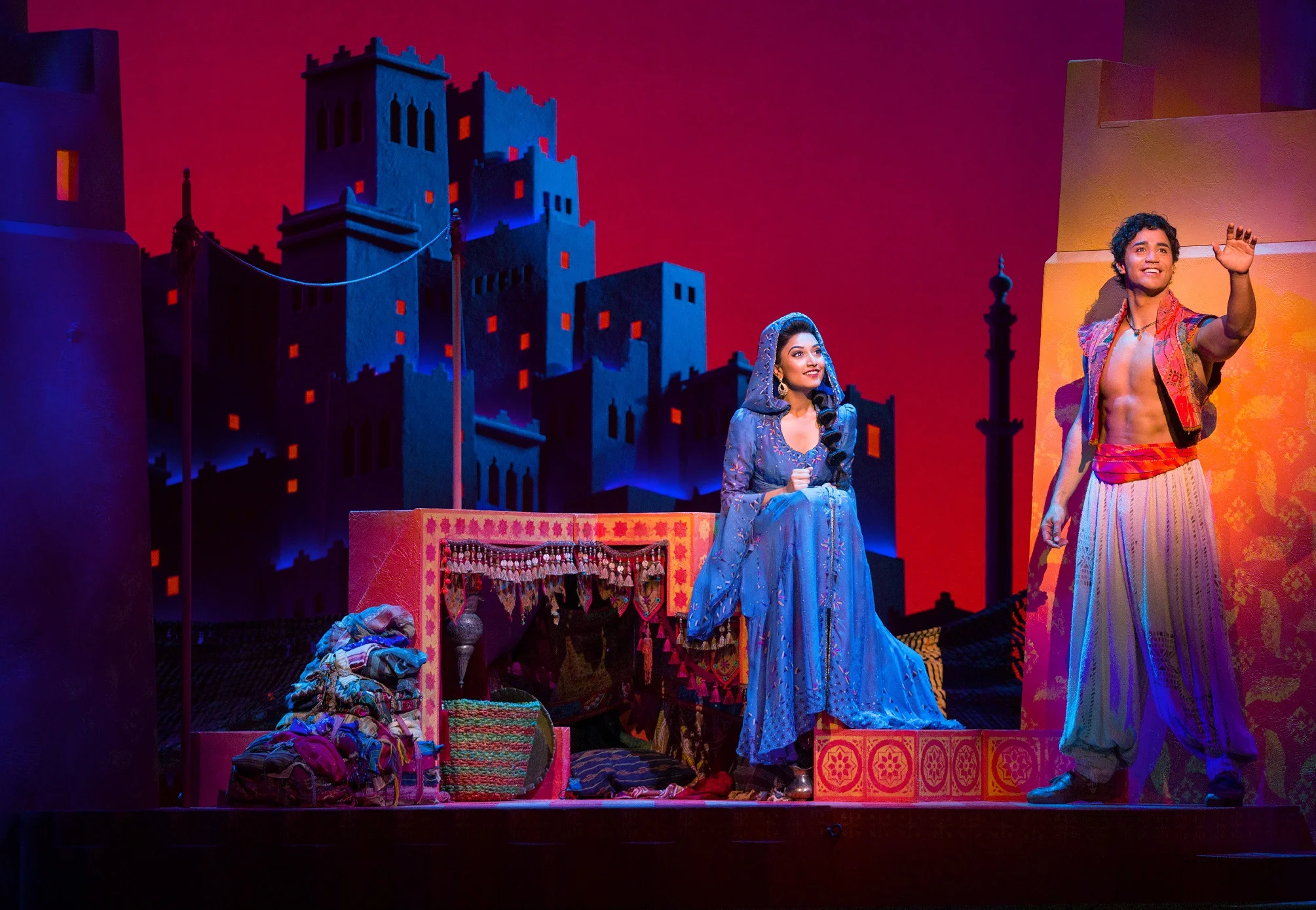 Rooftop scene featuring Princess Jasmine and Aladdin. Image courtesy of BASE Entertainment