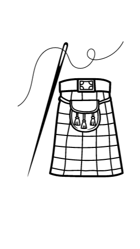 A plaid tartan skirt with a pocket and a belt, a sewing needle, and a thread.