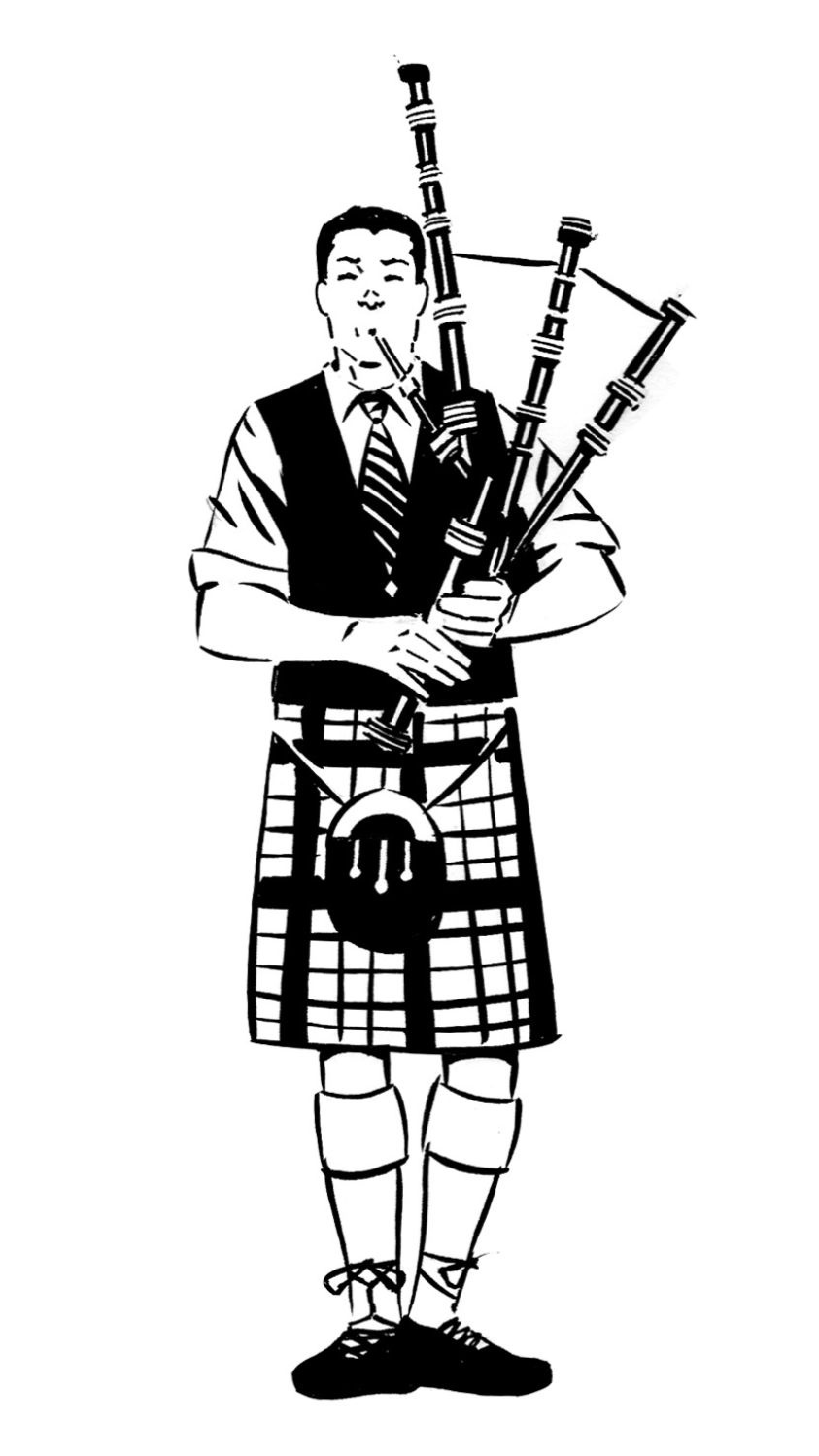 A man dressed in traditional Scottish attire, including a kilt, playing bagpipes and smoking a cigarette.
