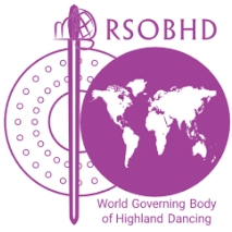 Logo of the World Governing Body of Highland Dancing with a purple color scheme, featuring a globe map and a darning needle.