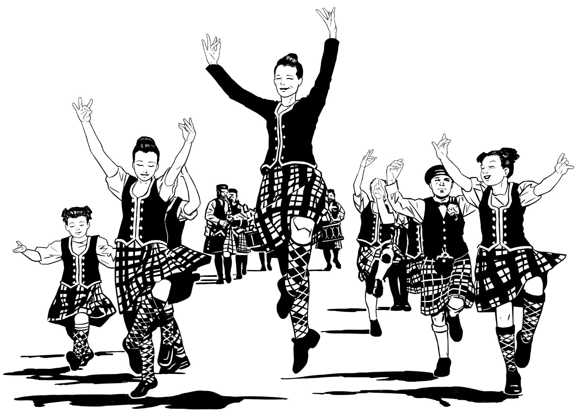 A group of dancers dancing with arms raised, smiling.