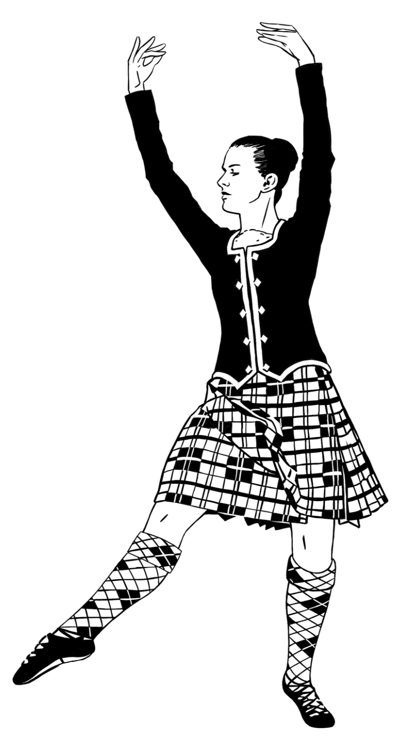 Black and white illustration of a woman in a plaid kilt, tartan hose, and a jacket, striking a dance pose with arms raised.