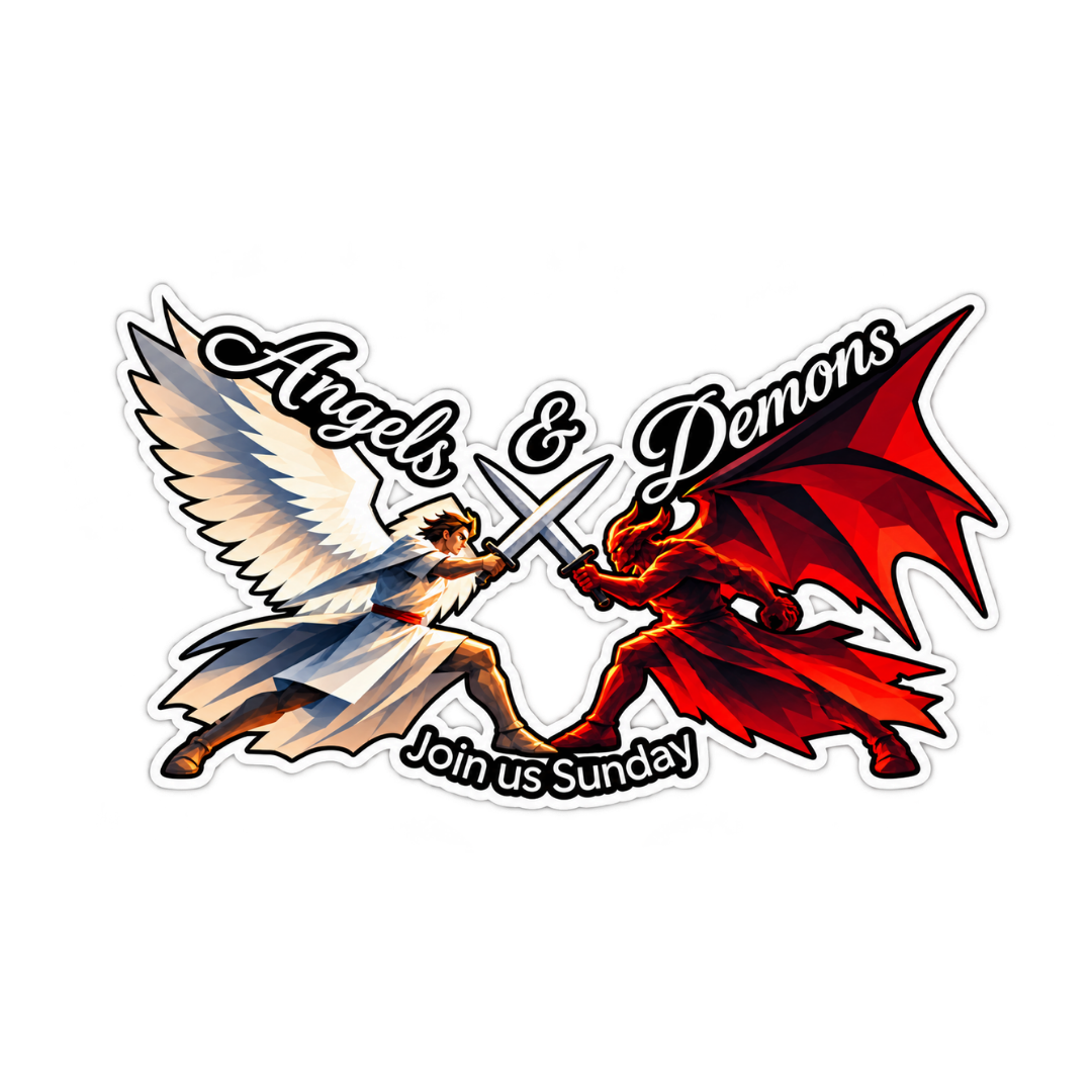 Angels & Demons sticker: Join us Sunday at Alpine Church