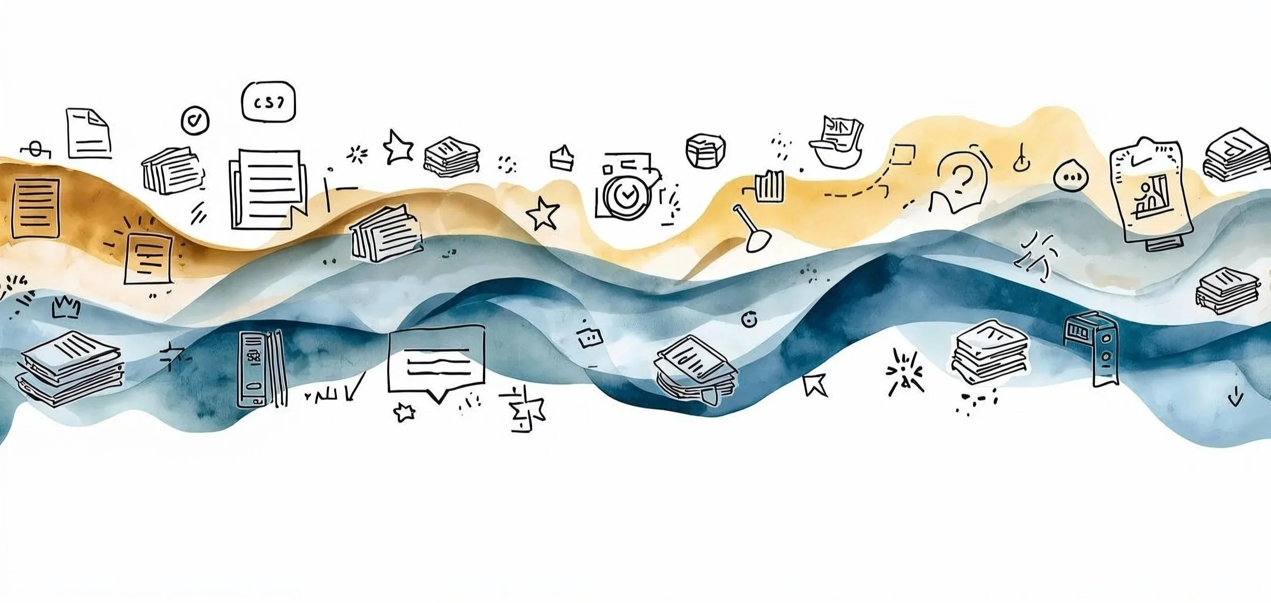 Full-width abstract illustrated banner representing nonprofit archives and documents, flowing watercolor and layered ink textures arranged in an organized yet organic movement across the entire canvas, continuo (1).jpg