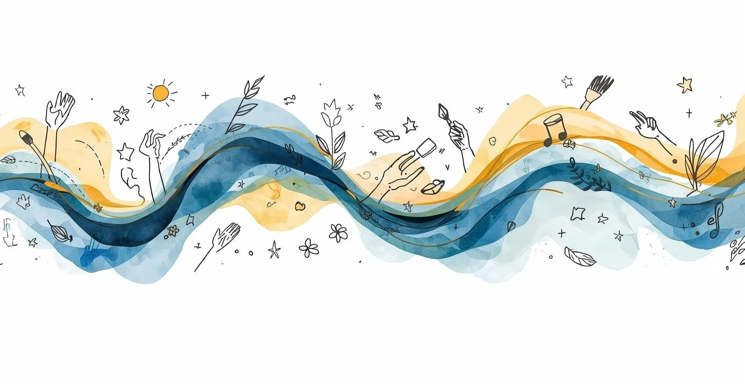 Full-width abstract illustrated banner, inspired by flowing watercolor waves and layered ink textures, continuous organic movement across the entire canvas with no empty focal center, harmonious composition from ed.jpg