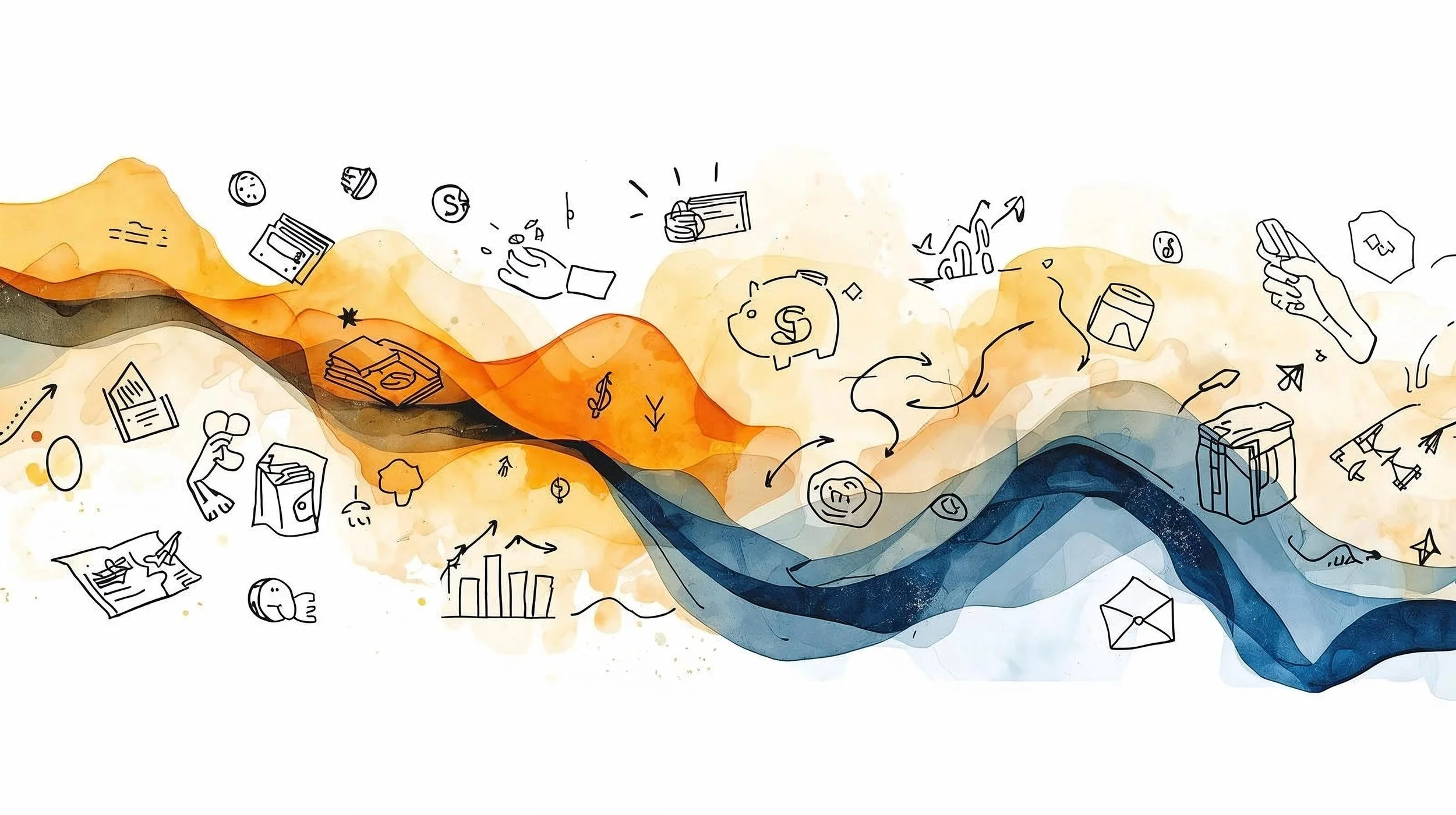 Full-width abstract illustrated banner about nonprofit finances and transparency, flowing watercolor and layered ink textures covering the entire canvas, continuous edge-to-edge composition with balanced and struct.jpg