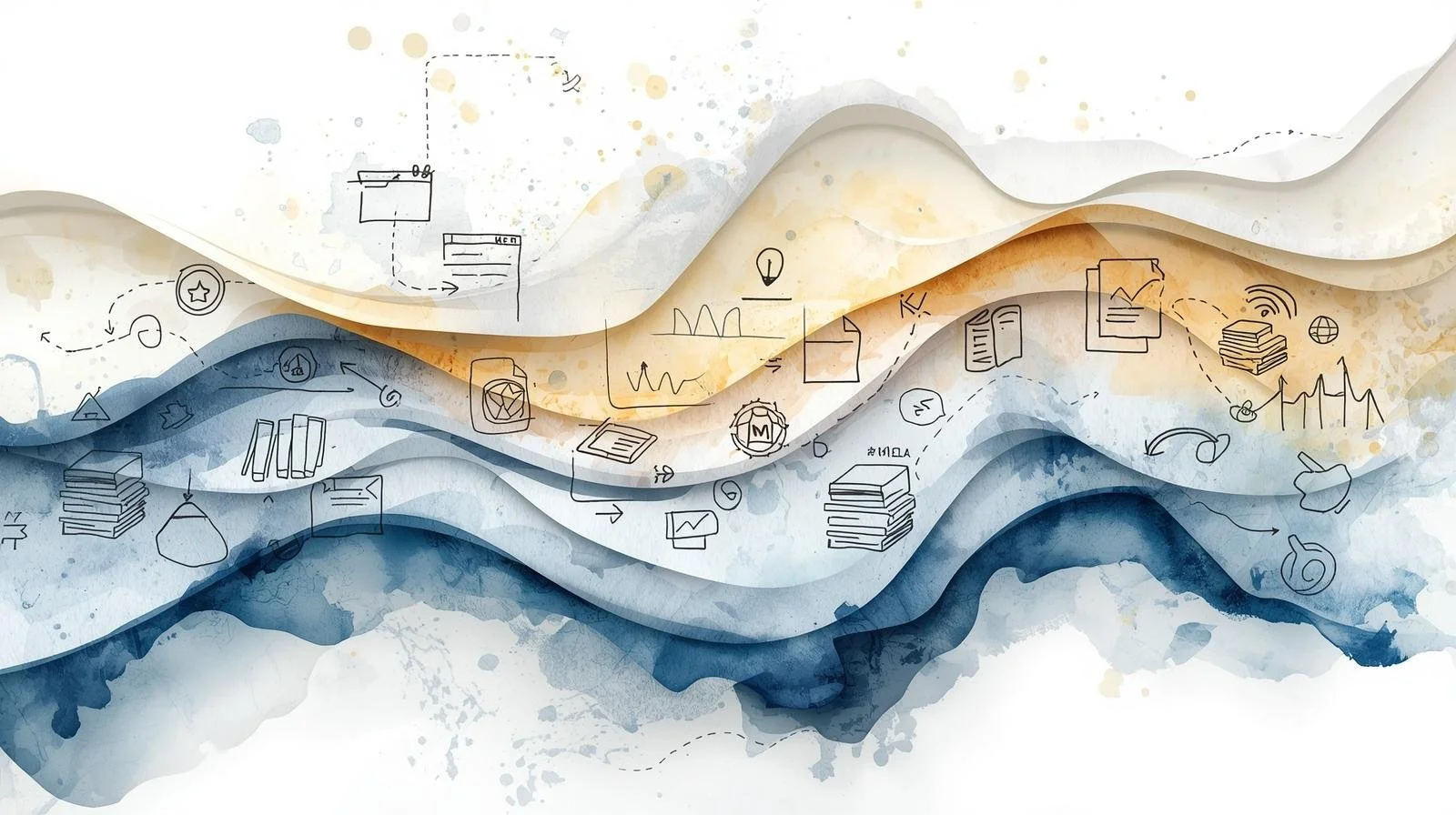 Full-width abstract illustrated banner representing nonprofit archives and documents, flowing watercolor and layered ink textures arranged in an organized yet organic movement across the entire canvas, continuo (2).jpg