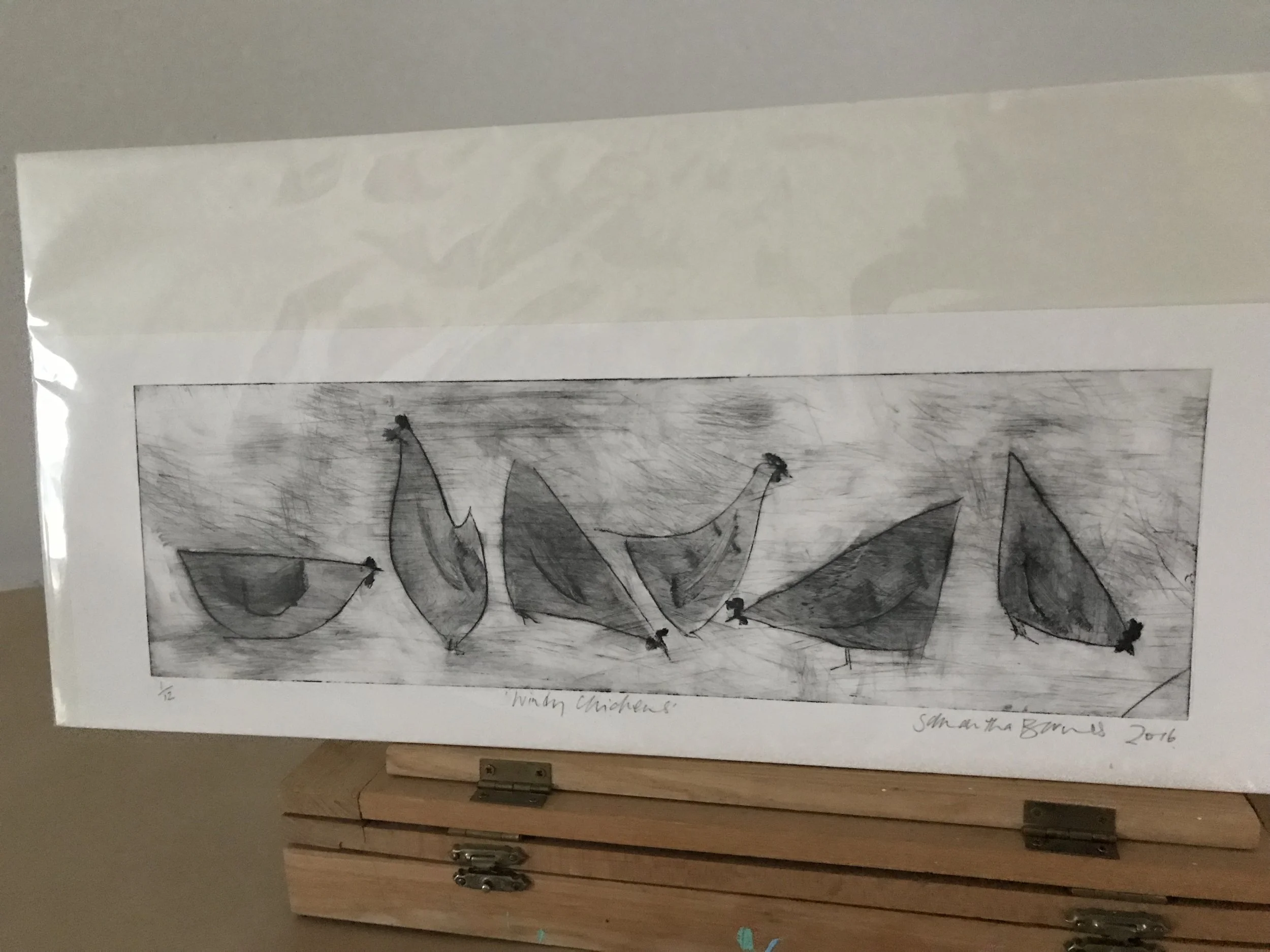 'Windy Chickens'  Drypoint Print