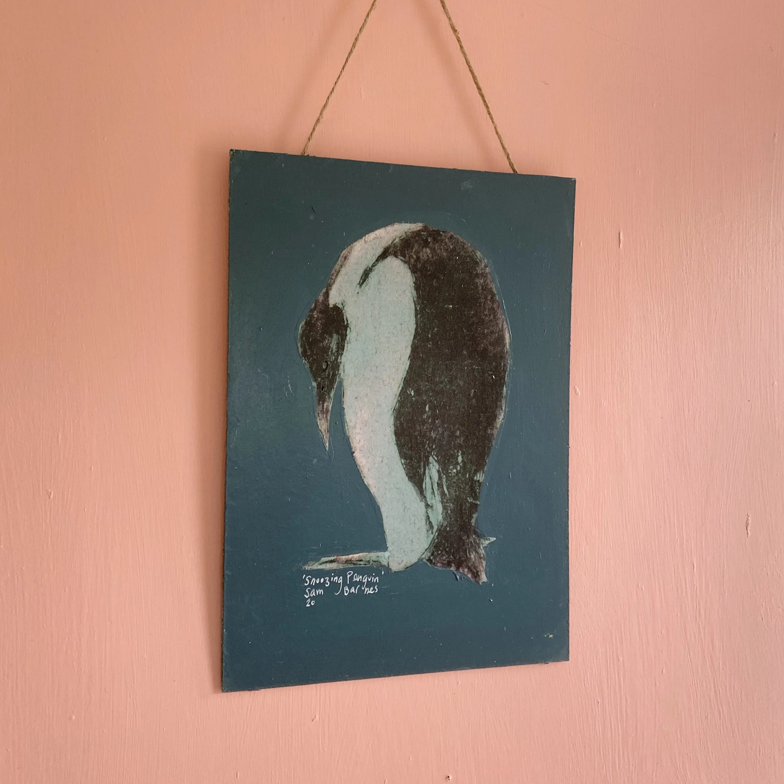 'Snoozing Penguin'  SAMPLE SALE.  On Dark Blue, A4 Panel