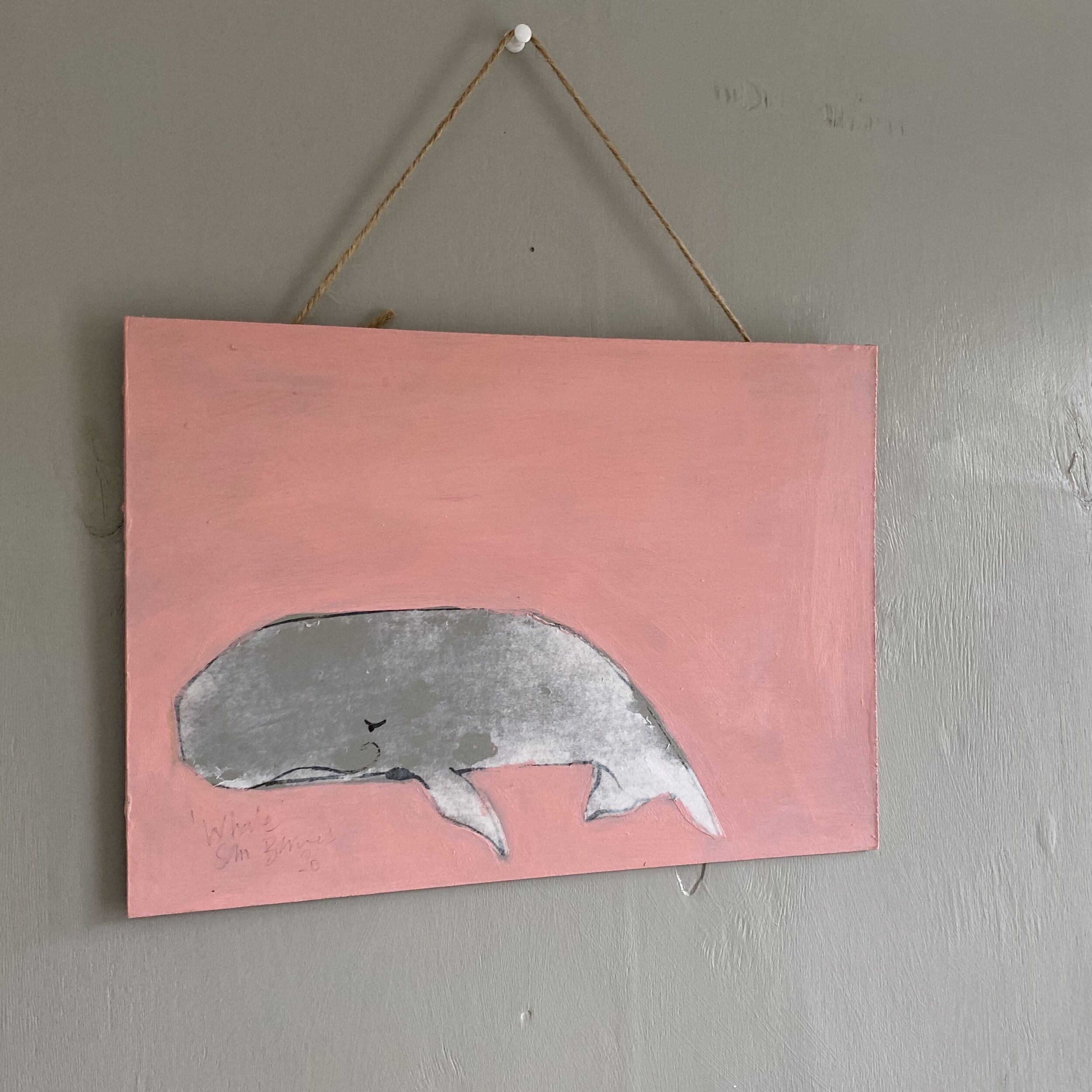 'Whale'  SAMPLE Printed Painting.  Light Pink on Hardwood Panel A4