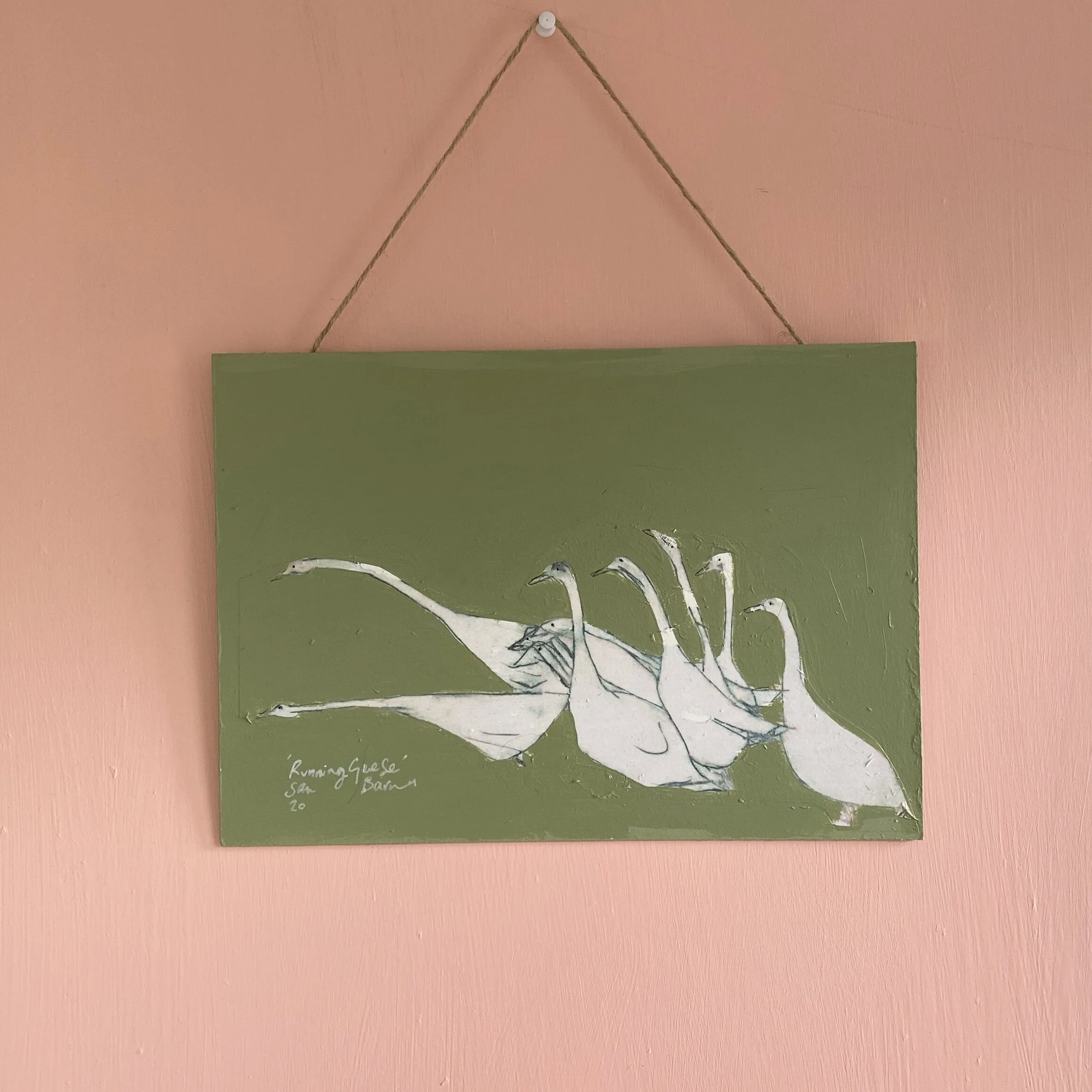 'Running Geese' SAMPLE.  A4 Landscape wooden Panel, Green.