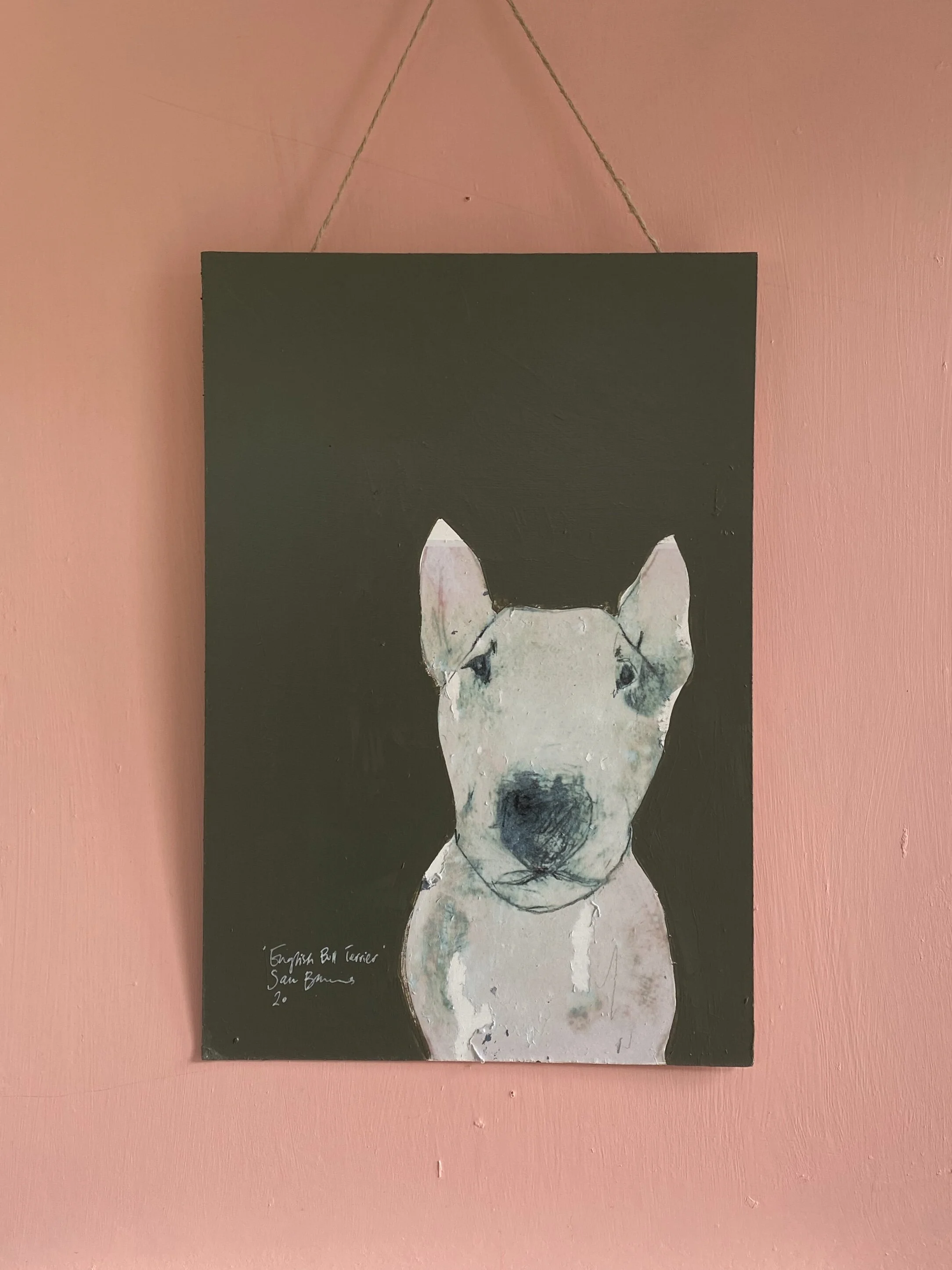 'English Bull Terrier' on Umber Plywood Panel.