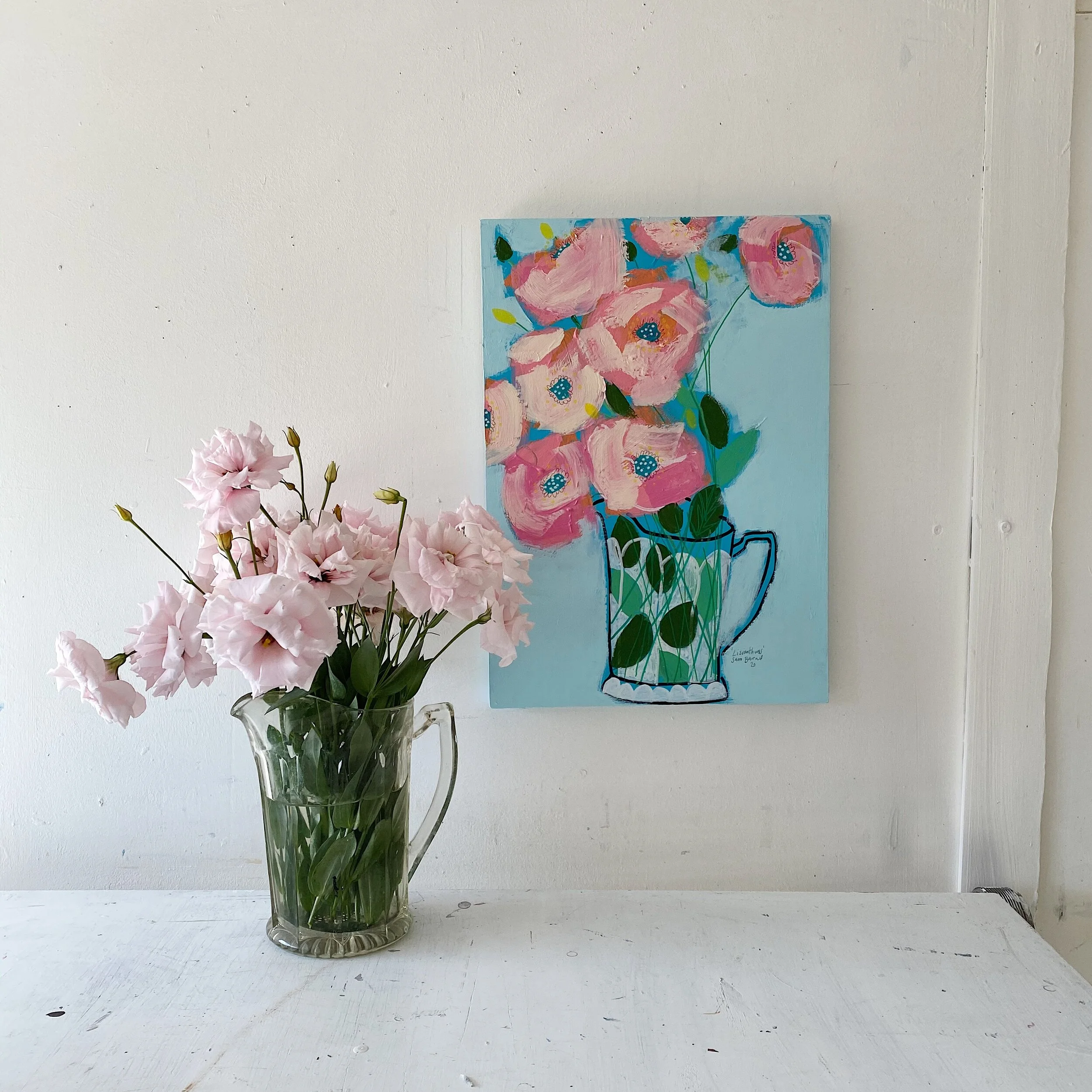 'Lisianthus on Blue'  Original Painting on Wooden Panel