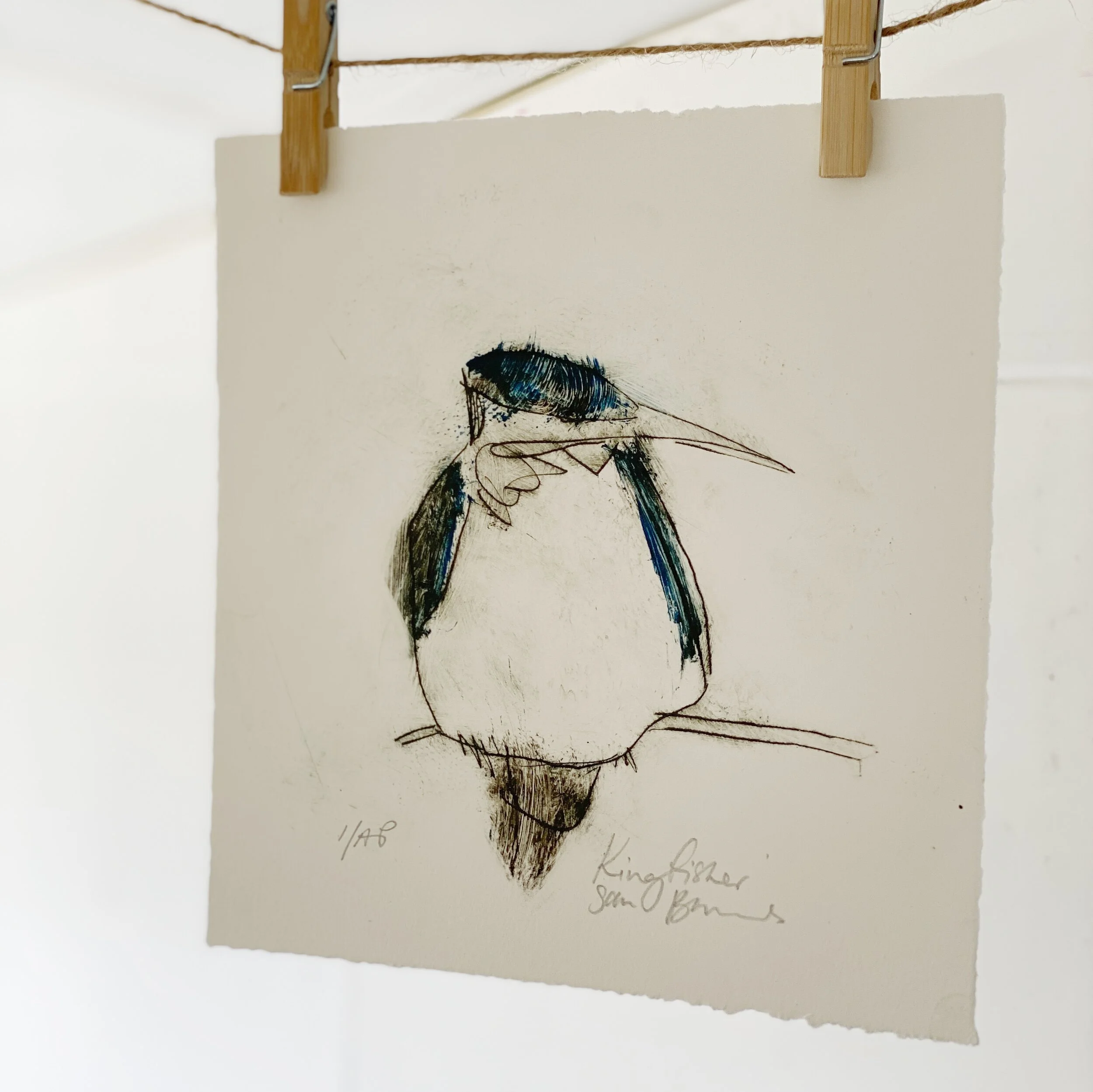 'Kingfisher'.  Hand-Pressed Drypoint Prints