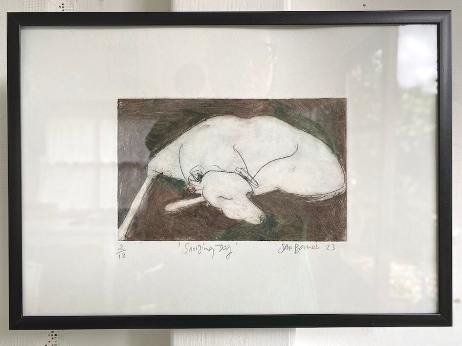 'SNOOZING DOG'. Original Drypoint Drawing (A4 Landscape)