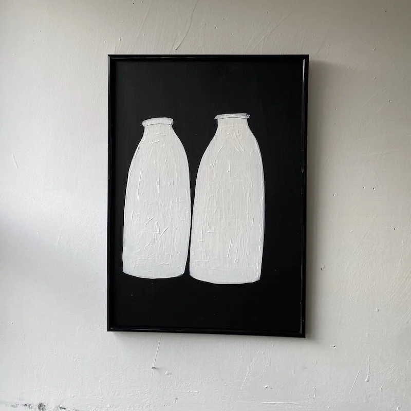 'TWO TODAY.  Original Milk Bottle Painting on Board (A3 Size)