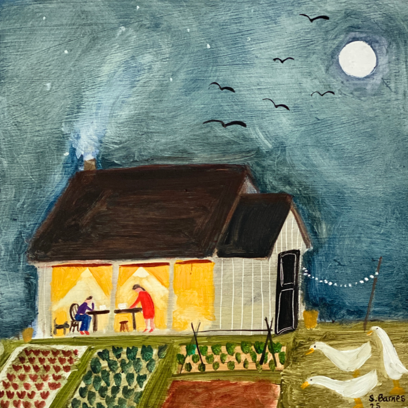 'Cosy Cabin'. Oil on Board.  25 x 25cm Framed.  £450.  Currently with The Art Buyer Gallery in Hampton.  (Click on painting to view) 2025