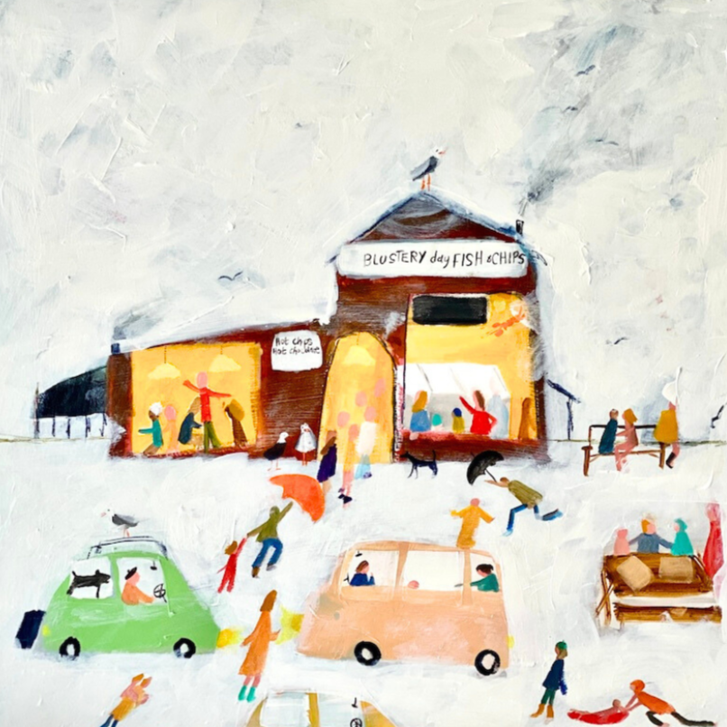 'Blustery Day Fish & Chips'. 60 x 60cm.  Oil & Acrylic on Board, Framed.  (Sold) 2025