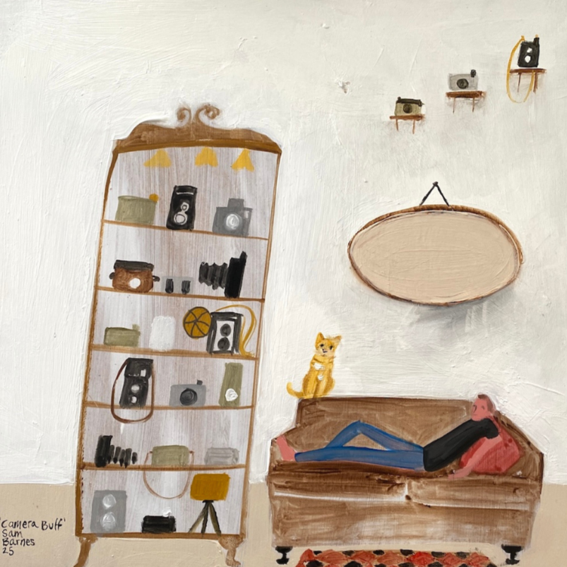 'Camera Buff'. Oil on Board.  25 x 25cm Framed.  (Sold) 2025