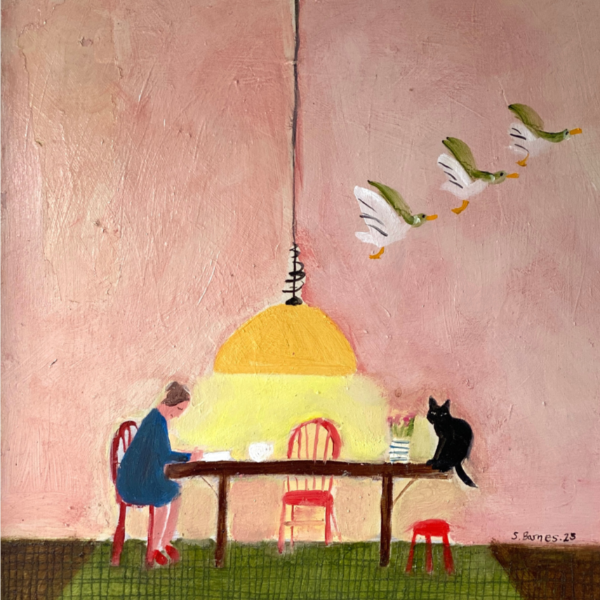 'Quiet Please'. Oil on Board, Framed.  25 x 25cm (Sold) 2026