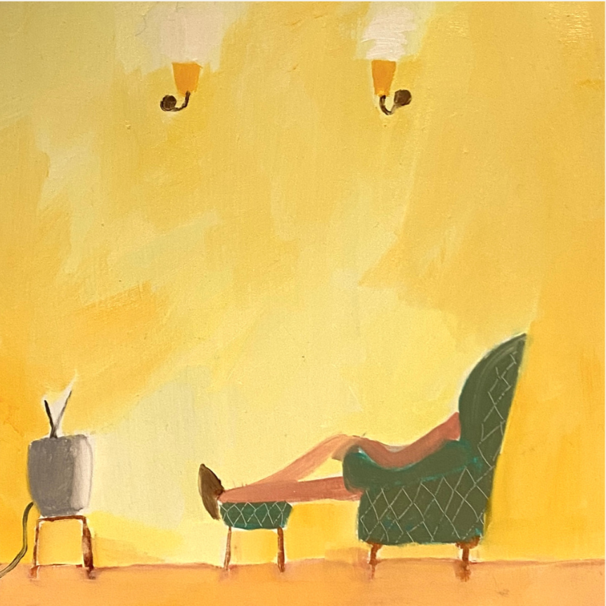 'Telly Time'. Oil on Board.  16 x 16cm.  Framed.  (Coming to my shop soon)