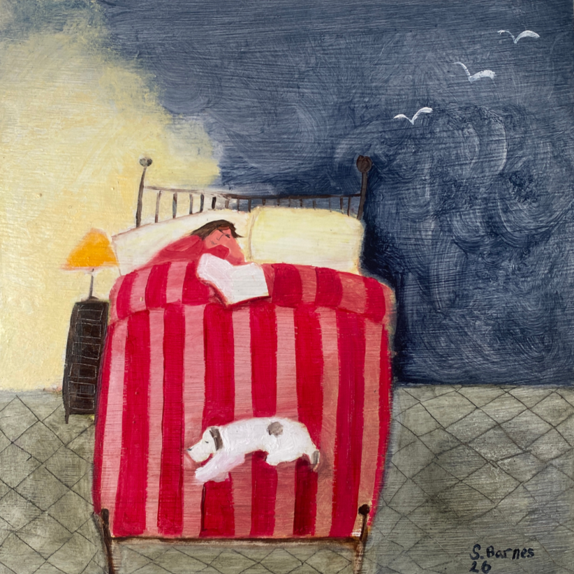 'A Good Night's Read'  Oil on Board.  25 x 25cm.  Framed.  (Coming to my website soon)