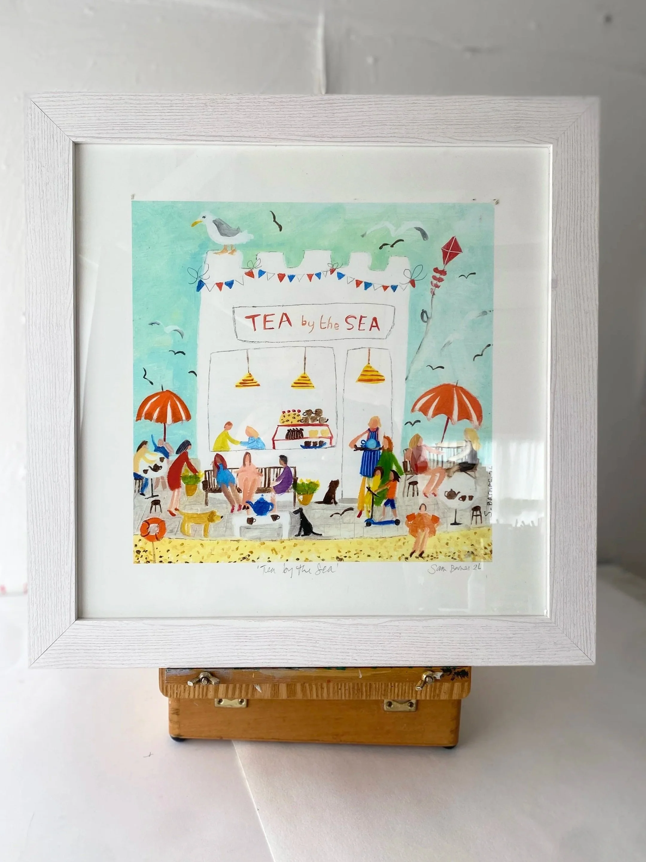 'Tea by the Sea'. Joyful Coastal Cafe Art Print on Watercolour Paper