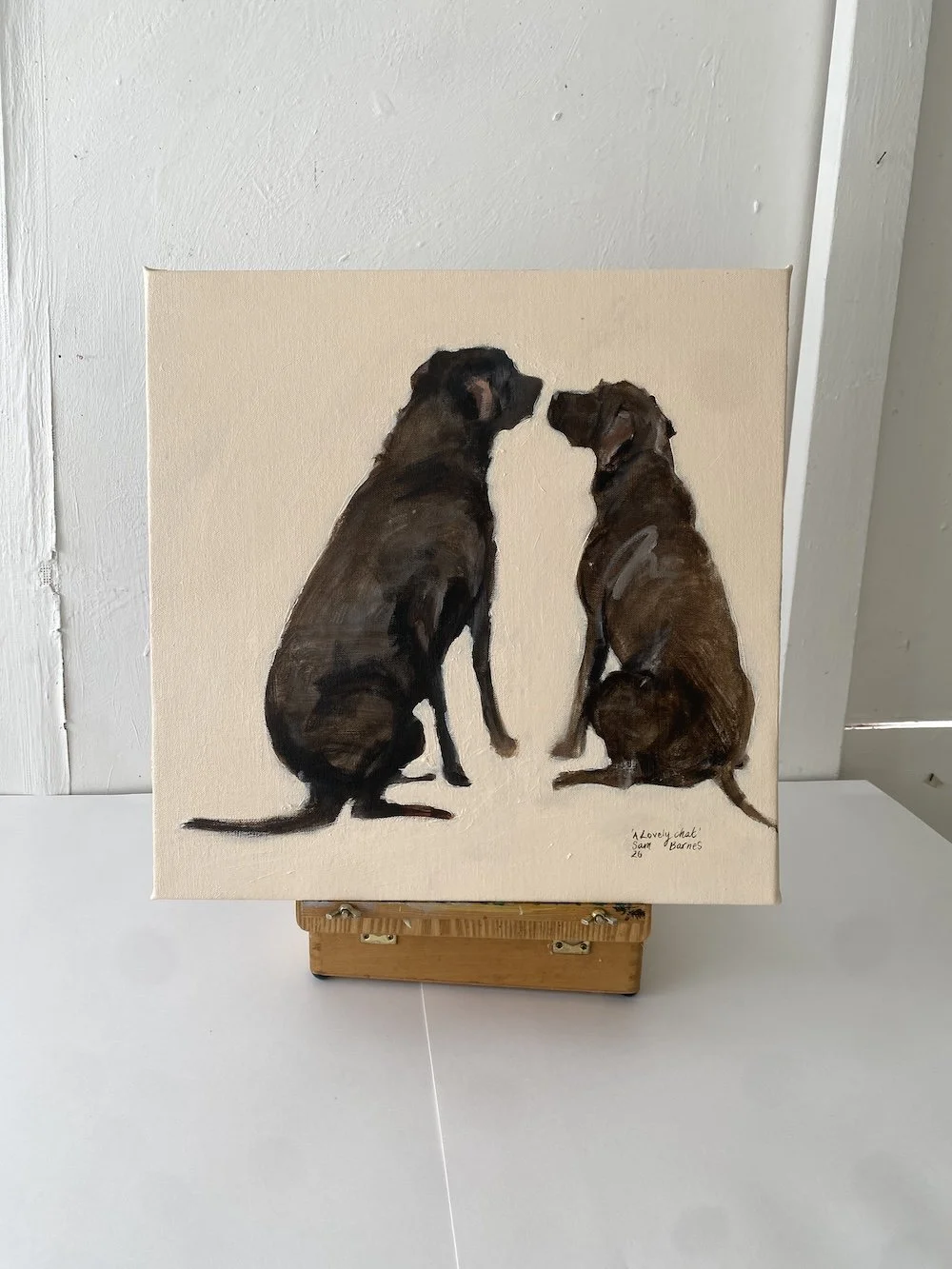 'A Lovely Chat'. Original Oil Painting of two Chocolate Brown Labradors by Samantha Barnes 2 copy.JPG
