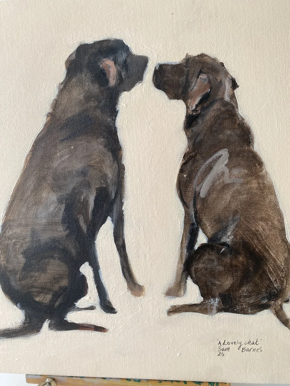 'A Lovely Chat'. Original Oil Painting of two Chocolate Brown Labradors by Samantha Barnes 6 copy.JPG