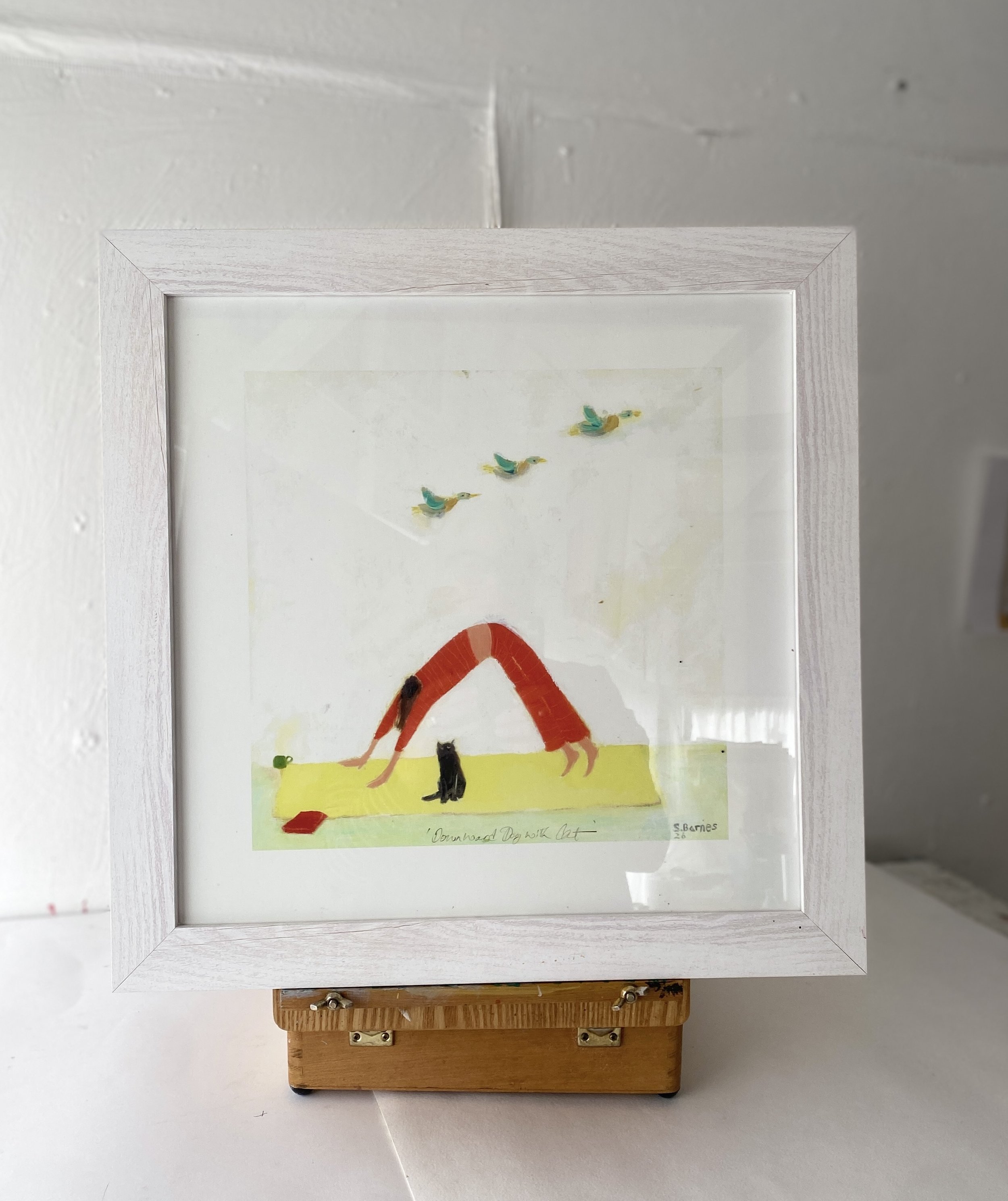 'Downward Dog with Cat' Yoga Inspired Art Print on Watercolour Paper