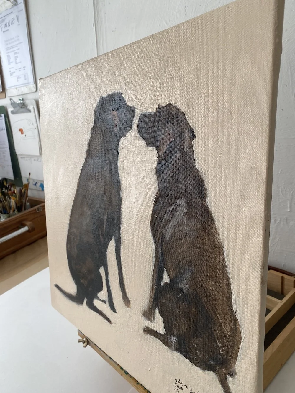 'A Lovely Chat'. Original Oil Painting of two Chocolate Brown Labradors by Samantha Barnes 7 copy.JPG