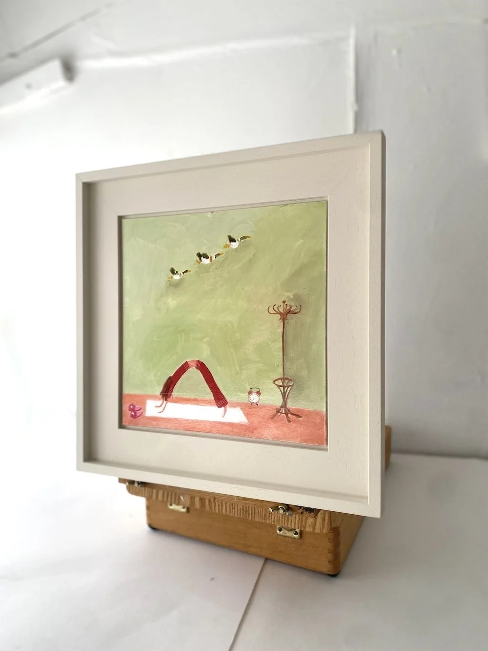 'Downward Dog with Ducks'. Framed Oil Painting on Board