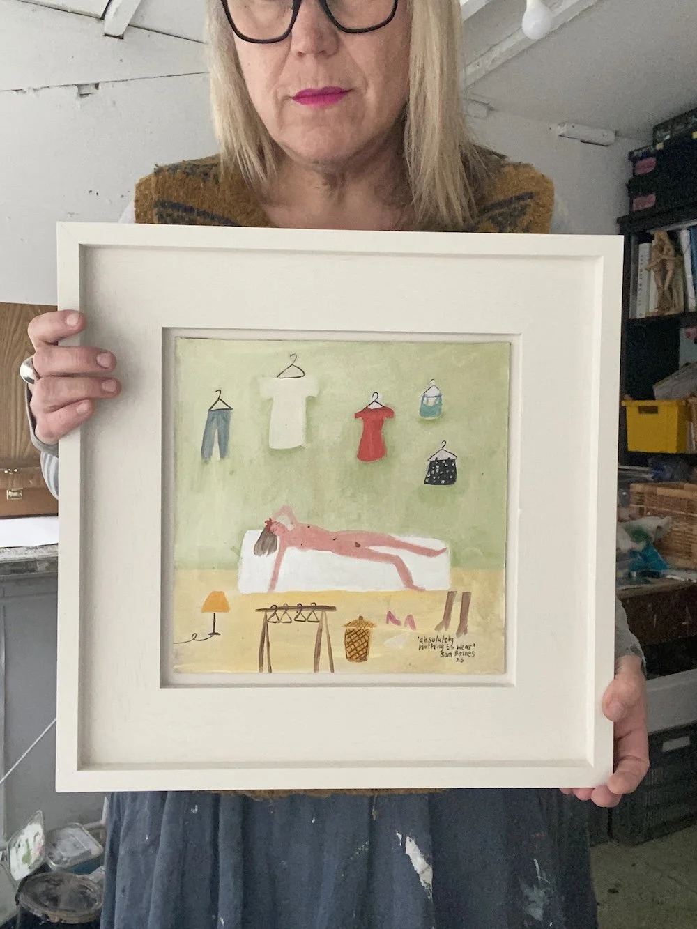 'Absolutely Nothing To Wear'. Framed Oil Painting on Board