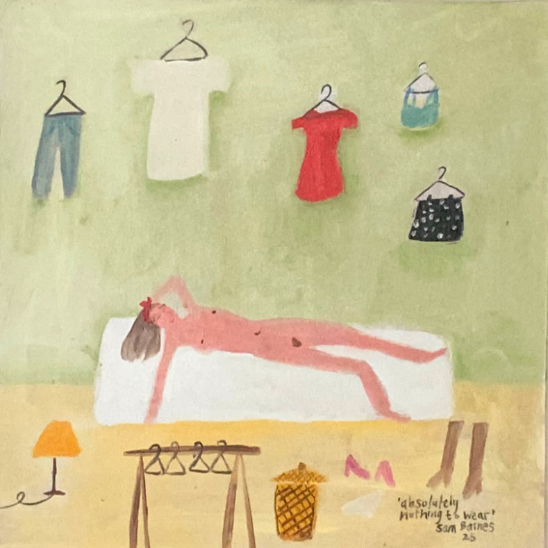 'Absolutely Nothing To Wear'. Oil on Board, 25 x 25cm, Framed.  (Click on Painting To View) 