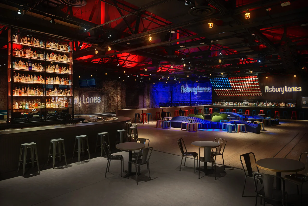 Bar with tables and bowling ball flag