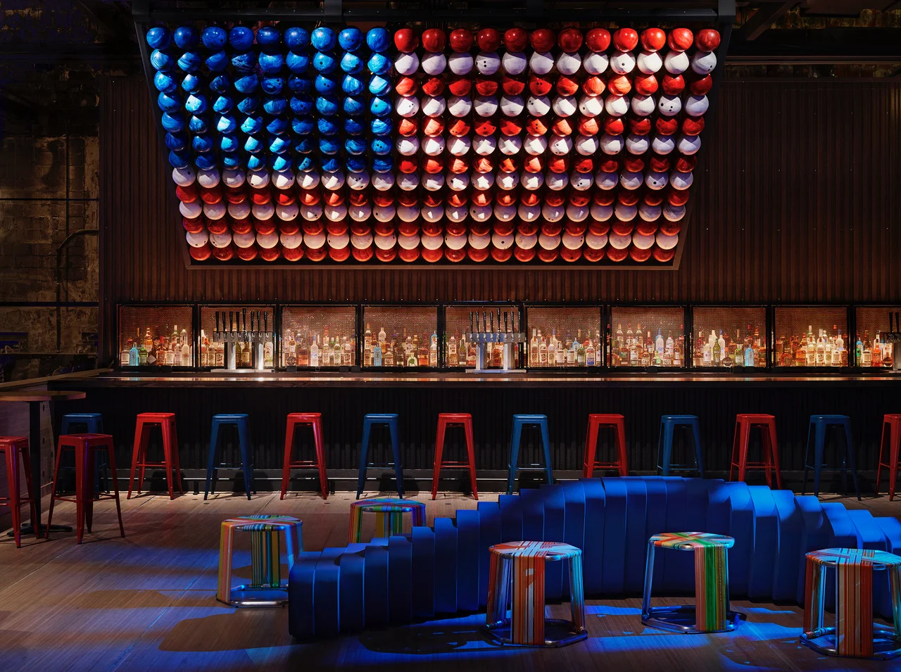 Couches with bowling ball American flag