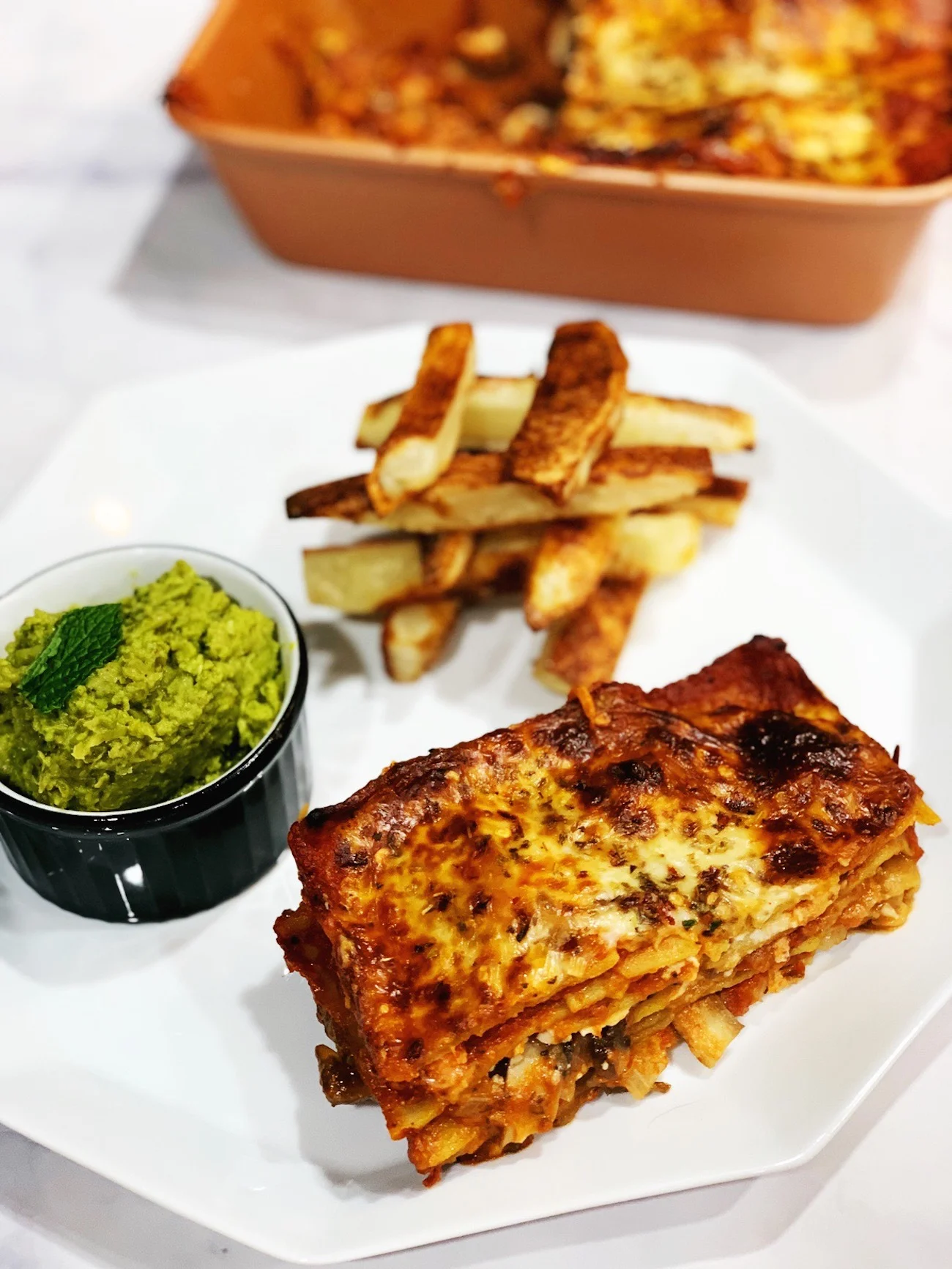 Lasagne with Chips &amp; Mushy Peas