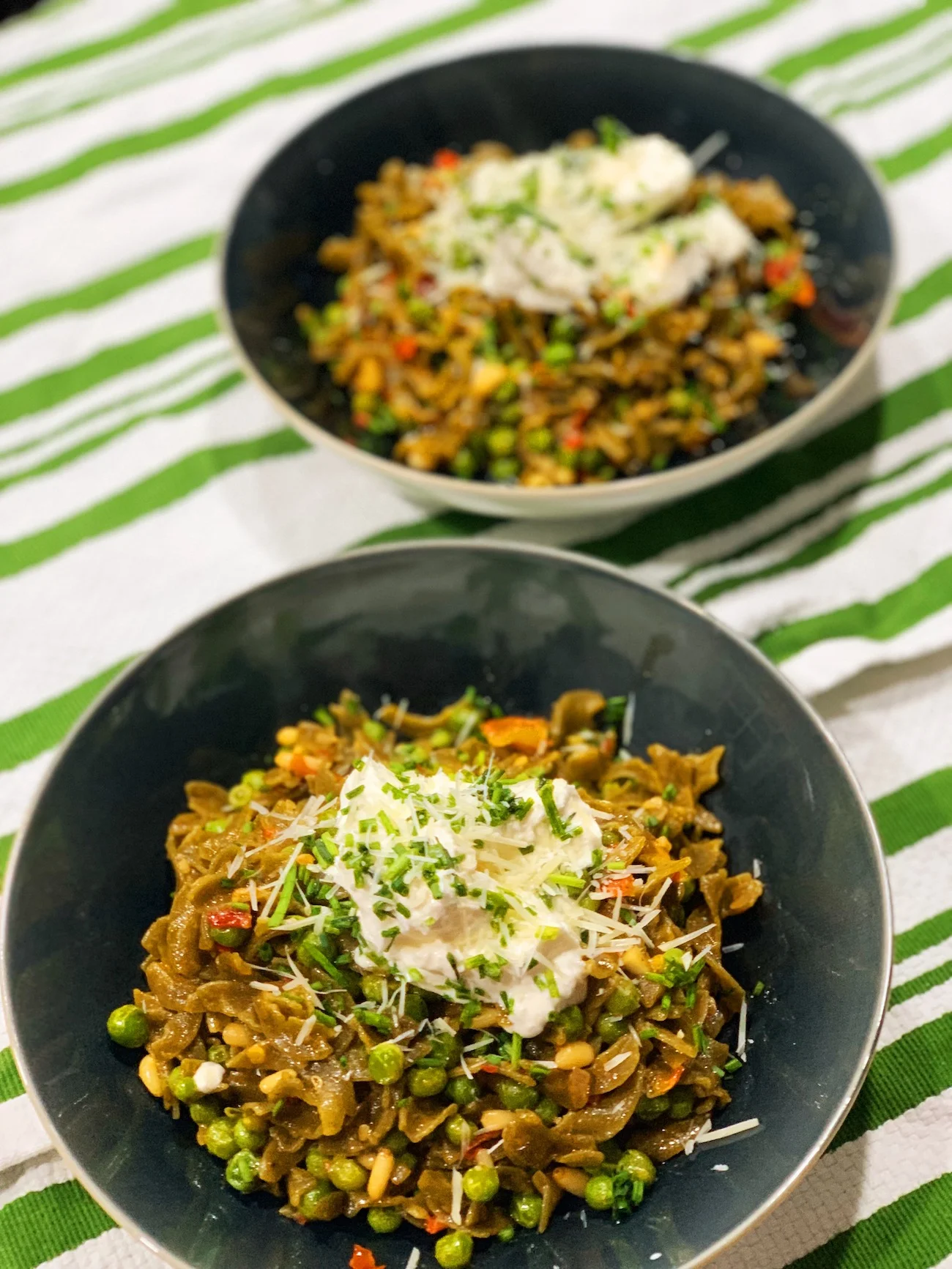 Garlicky Pasta with Burrata, Calabrian Chilis &amp; Peas