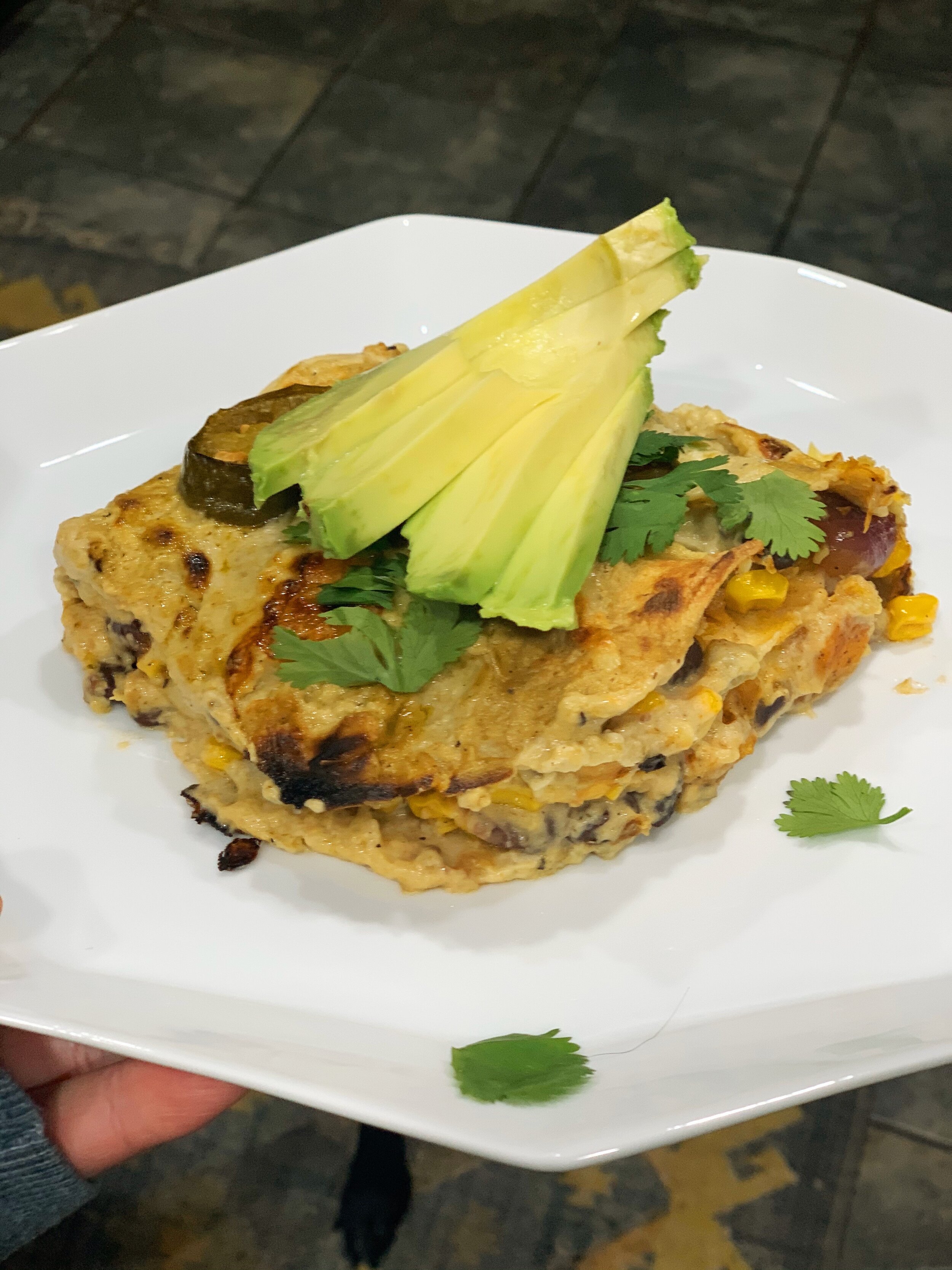 Roasted Butternut Squash Enchilada Stack with Creamy Green Sauce | OKC Veggie