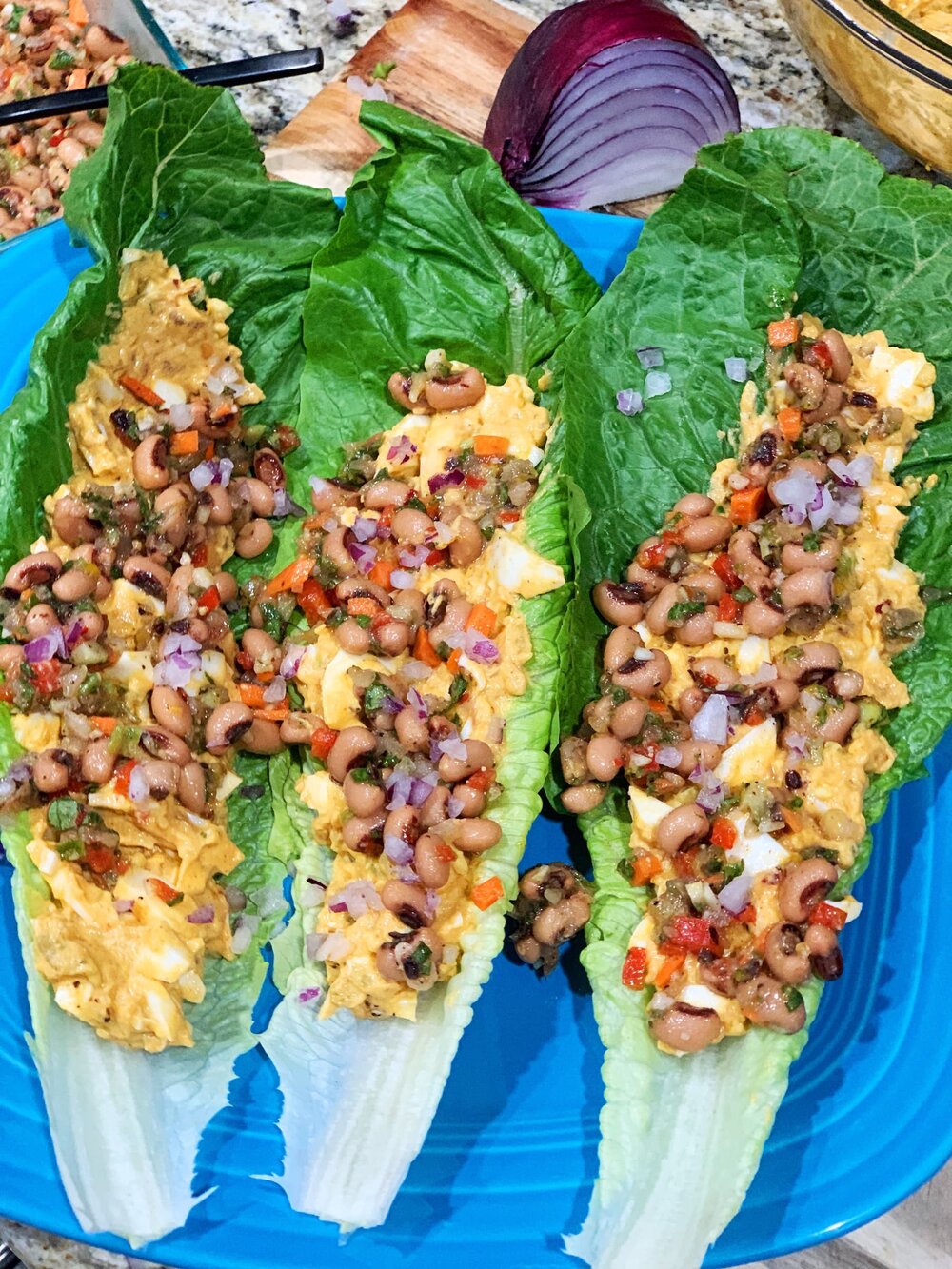 Spicy Egg Salad Lettuce Wraps With Black Eyed Pea Relish Okcveggie Vegetarian Recipes
